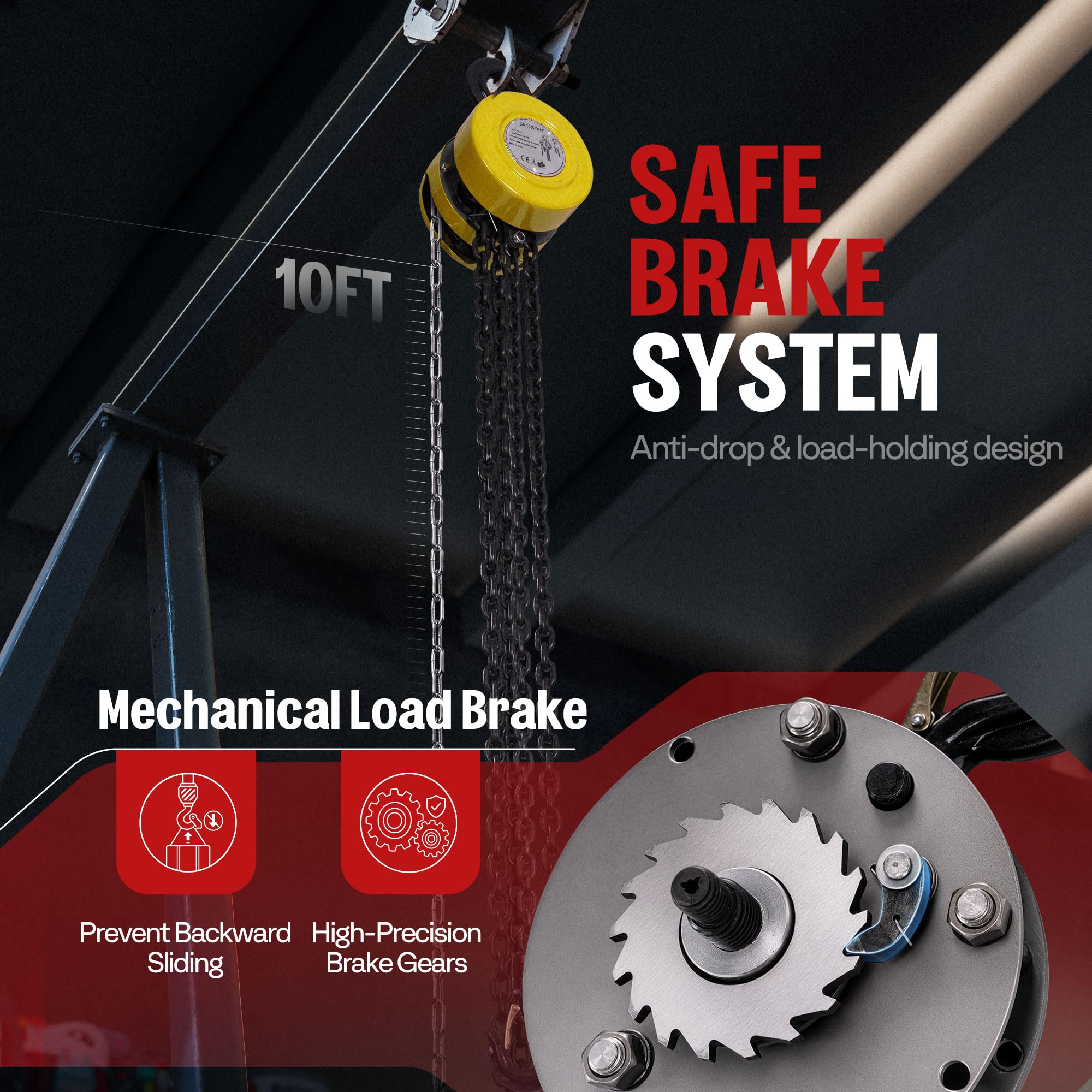 SPECSTAR Hand Chain Hoist with 2 Heavy Duty Hooks, Ręczny Wciągnik Łańcuchowy Udźwig 2000 kg z Hakiem Obrotowym 360° i Wysokością Podnoszenia 3 m