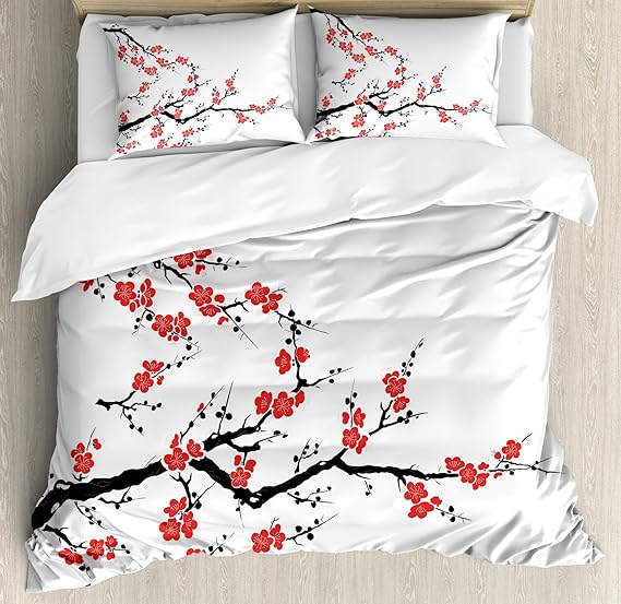 Ambesonne Japanese Duvet Cover Set, Simplistic Cherry