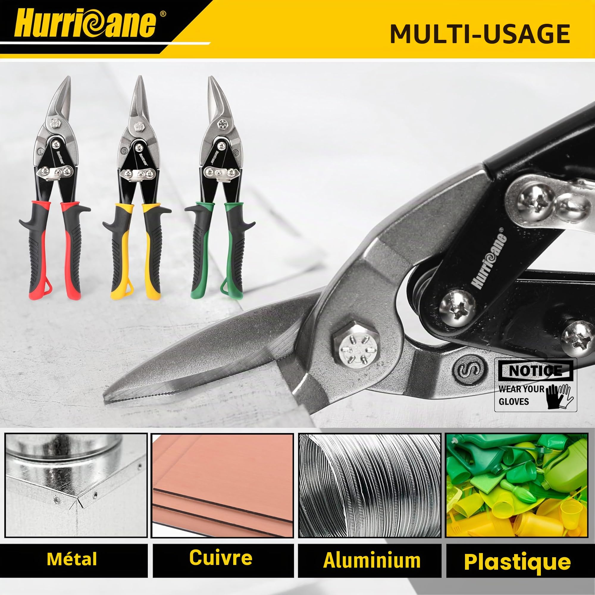 HURRICANE Lot de 3 Cisaille à métaux pour l'aviation, cisailles aviation Coupe, 254mm, acier au chrome vanadium, à droite, à gauche et droite