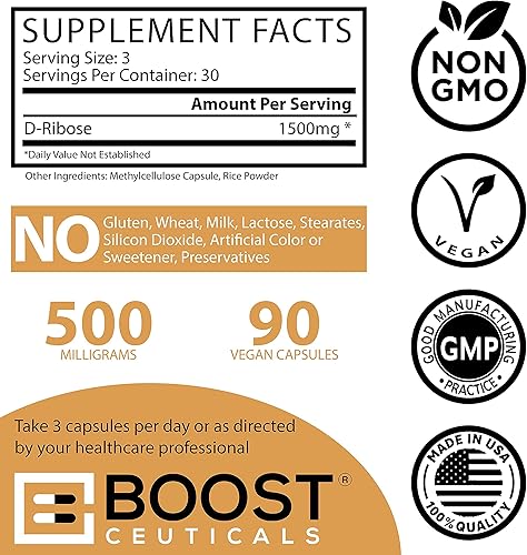 Miniatura 3 de BoostCeuticals Cápsulas de ribosa D veganas puras sin estearatos sin aditivos sin OMG y sin gluten suplementos de dosis diaria de 1500 mg 90