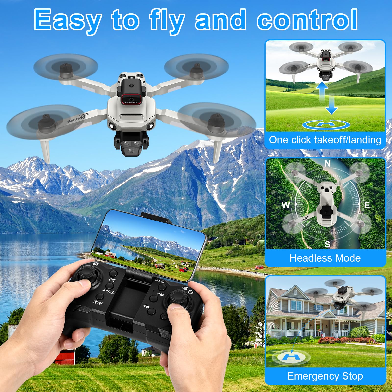 Drone Con Telecamera 4K, Drone Pieghevole, Motore Brushless, Quadricottero FPV WiFi, Volo A Traiettoria, 3D Flip, Decollo/Atterraggio 1 Tasto, per Bambini o Novizi, 2 Batterie