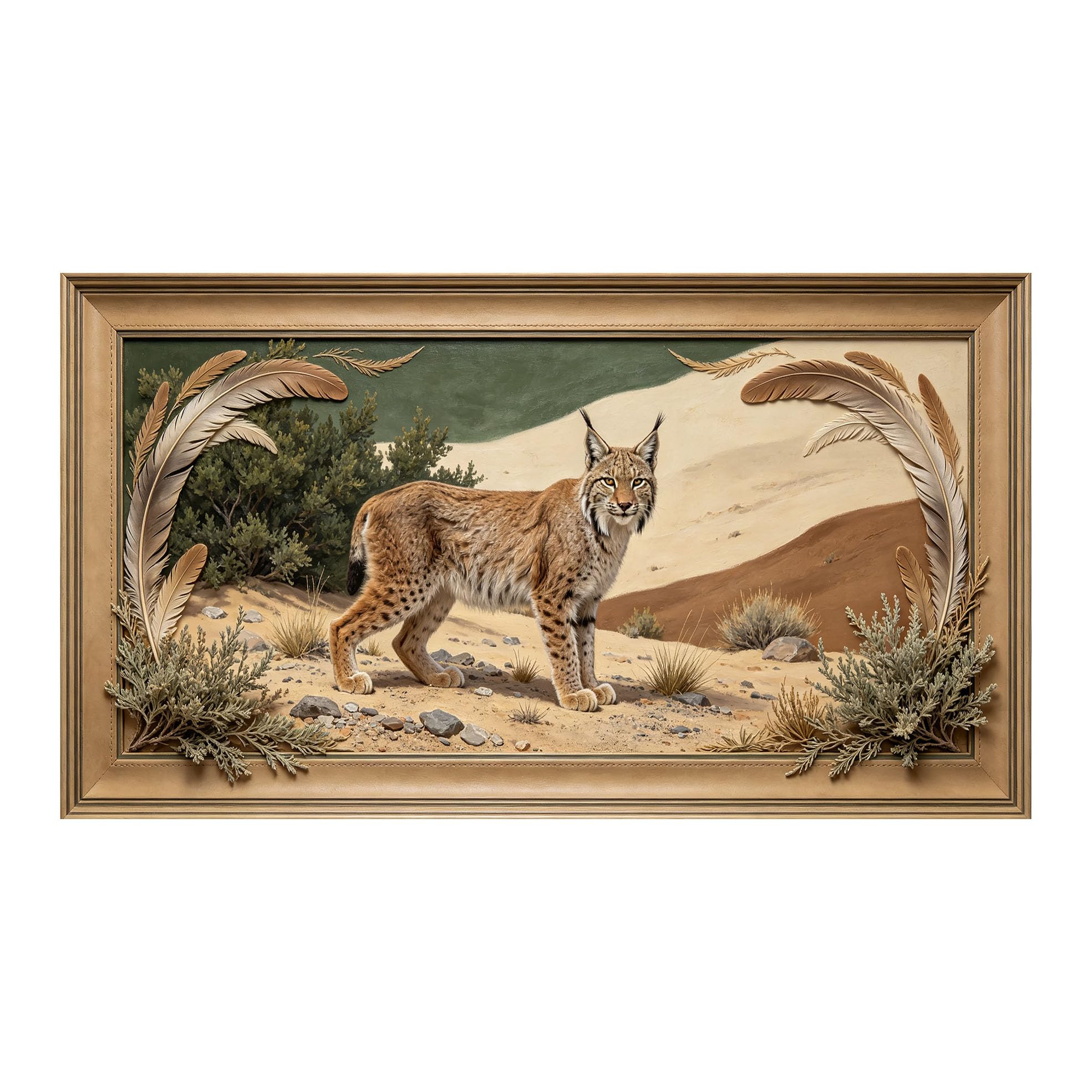 Yzpallescene 3D 3D Framed Wall Art 50cm×90cm Desert Lynx Wildlife Landscape Oil Painting Large Size SelfAdhesive Removable Wall Decor Prints Artwork for Living Room Bedroom Office