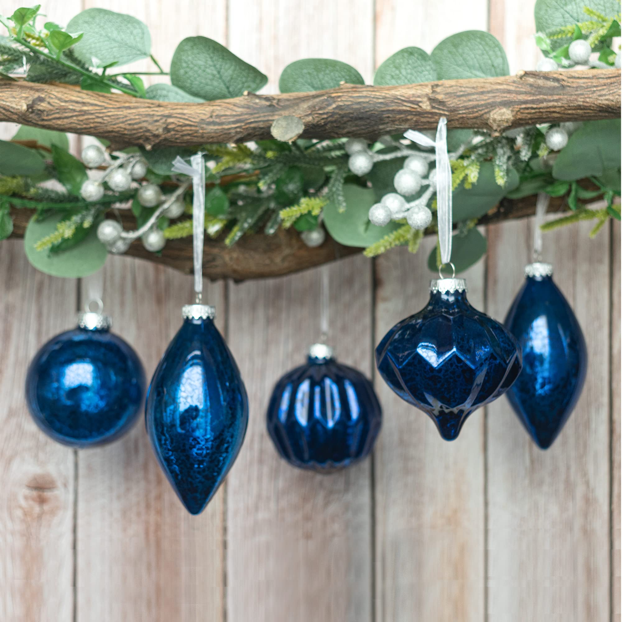 KI Store Mercury Glass Christmas Tree Ornaments Blue 80mm 120mm Set of 8 Hanging Christmas Baubles Finials for Tree Decoration Holiday Décor - Image 3
