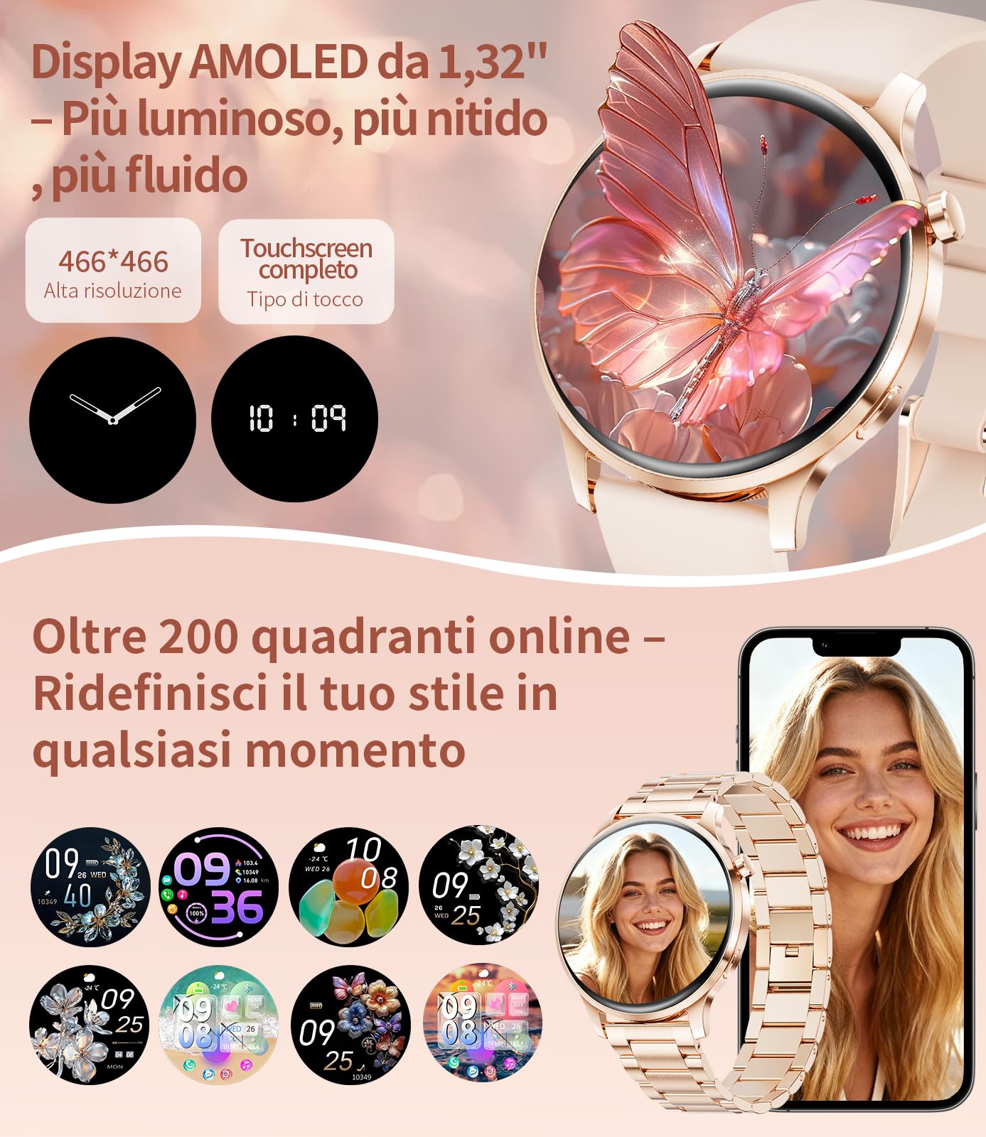 Smartwatch Donna, 1.32" AMOLED Orologio Intelligente Donna con Chiamate Bluetooth, 100+ Modalità Sportive Fitness Tracker con 2 Cinturini, Podometro, Smart Watch per Android iOS (Oro rosa)