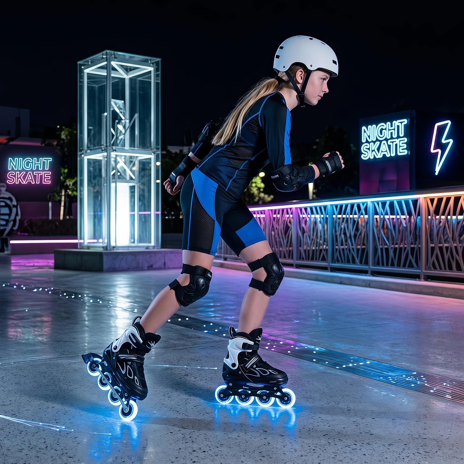 HOMASIS Roller en Ligne, Patins à roulettes avec Roues LED Illuminées, Patins à Glace Réglables avec Protection Antichoc, pour Enfant de 5-14 Ans