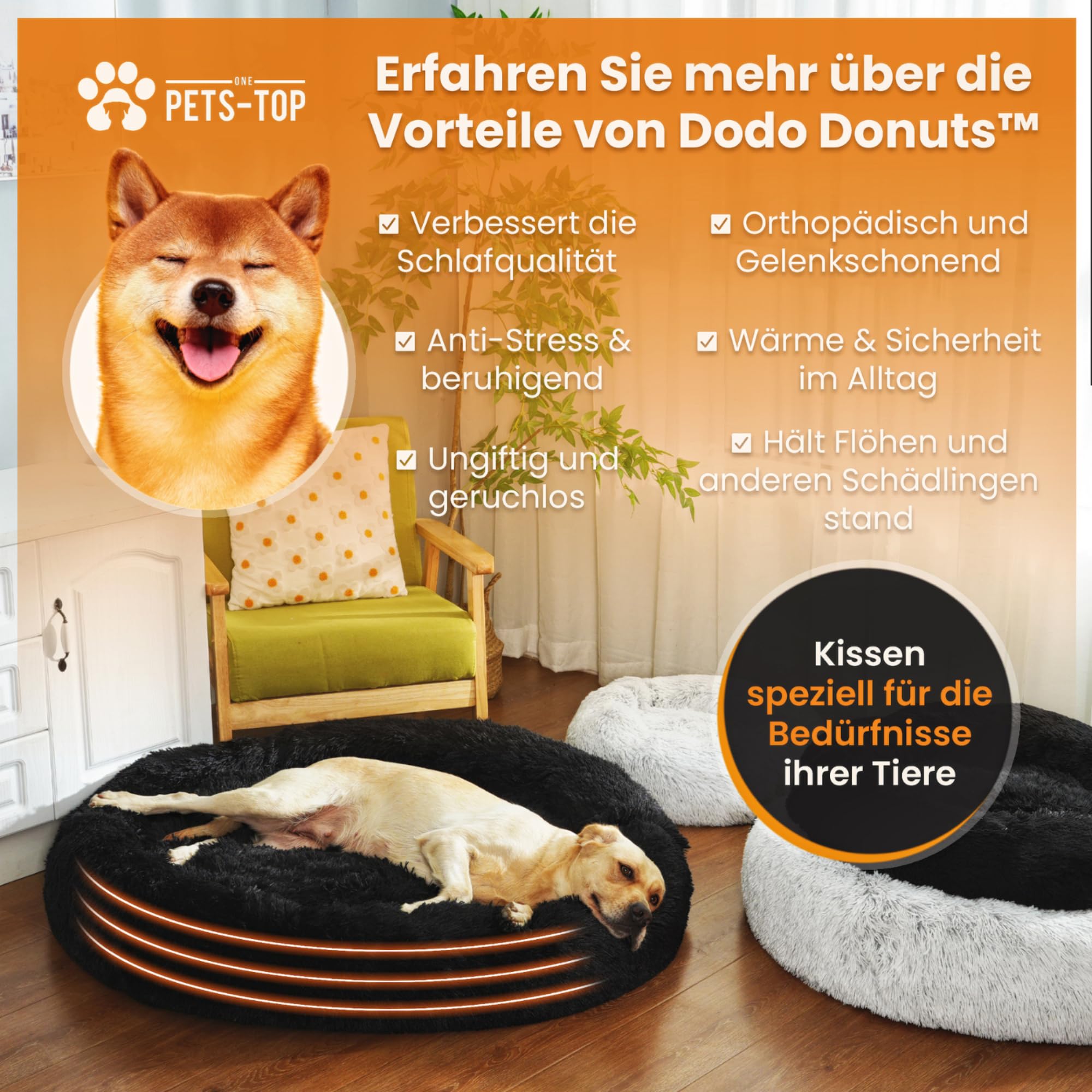 One PETS-TOP® Hundekörbchen Waschbar Fluffy – Donut Hundebett Flauschig mit Abnehmbarem Bezug – Hundebett Rund für Kleine & Große Hunde – Hundekissen Waschbar Anti-Stress – 115 cm Schwarz