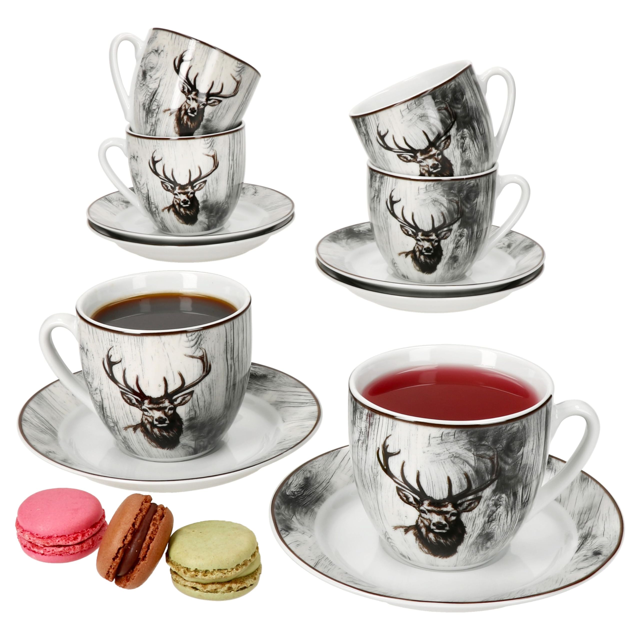 MamboCat Alois Lot de 6 tasses à café avec soucoupes pour 6 personnes I Service en porcelaine avec décor cerf pour le petit-déjeuner et le café I 6 tasses à thé de 200 ml et 6 soucoupes
