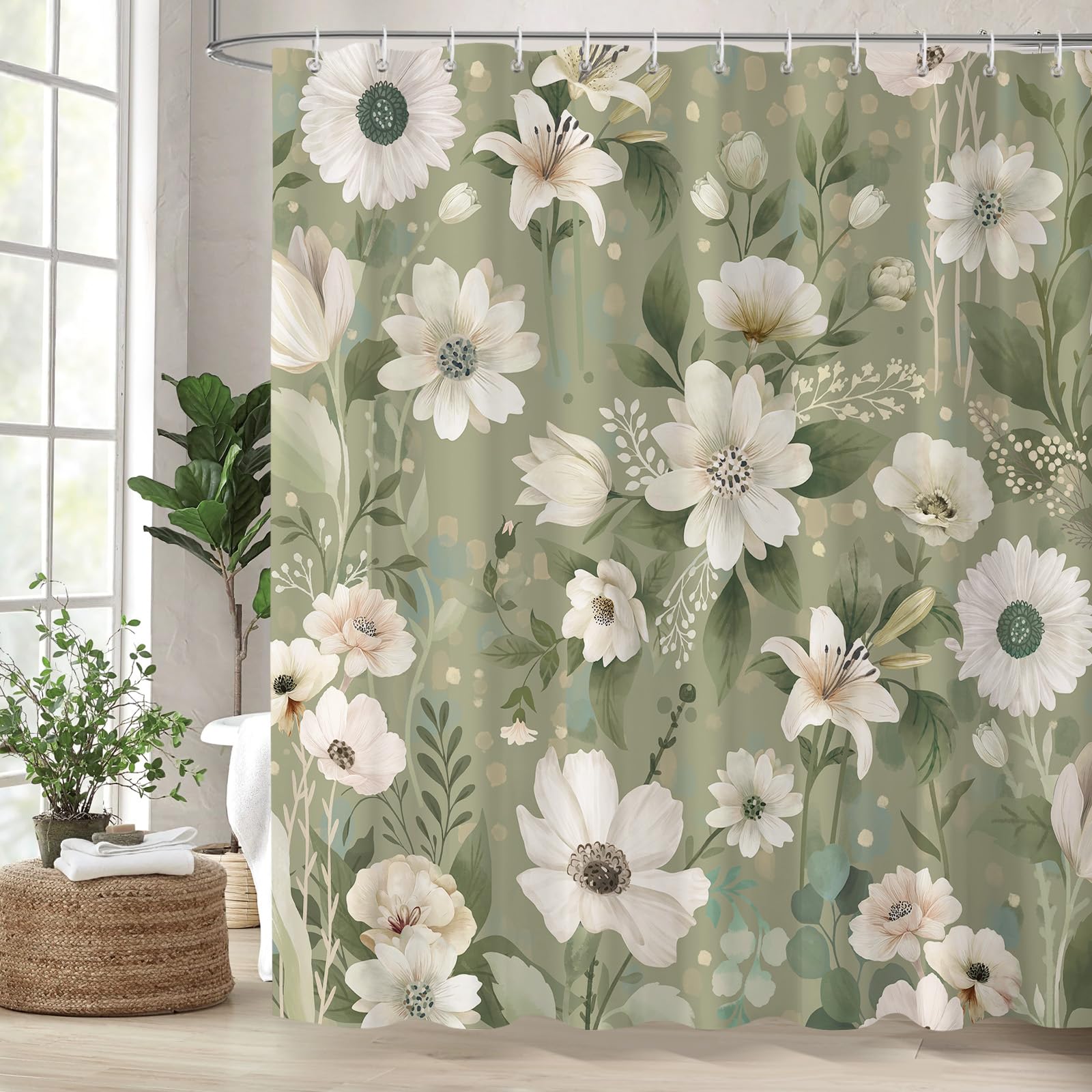 Dazzlewall Boho Green Floral Shower Curtain 180 x 180 cm, Green Beige Flowers Leaves Plants Shower Curtain for Bathroom, Waterproof Mildew and Mould Resistant Fabric with 12 Hook