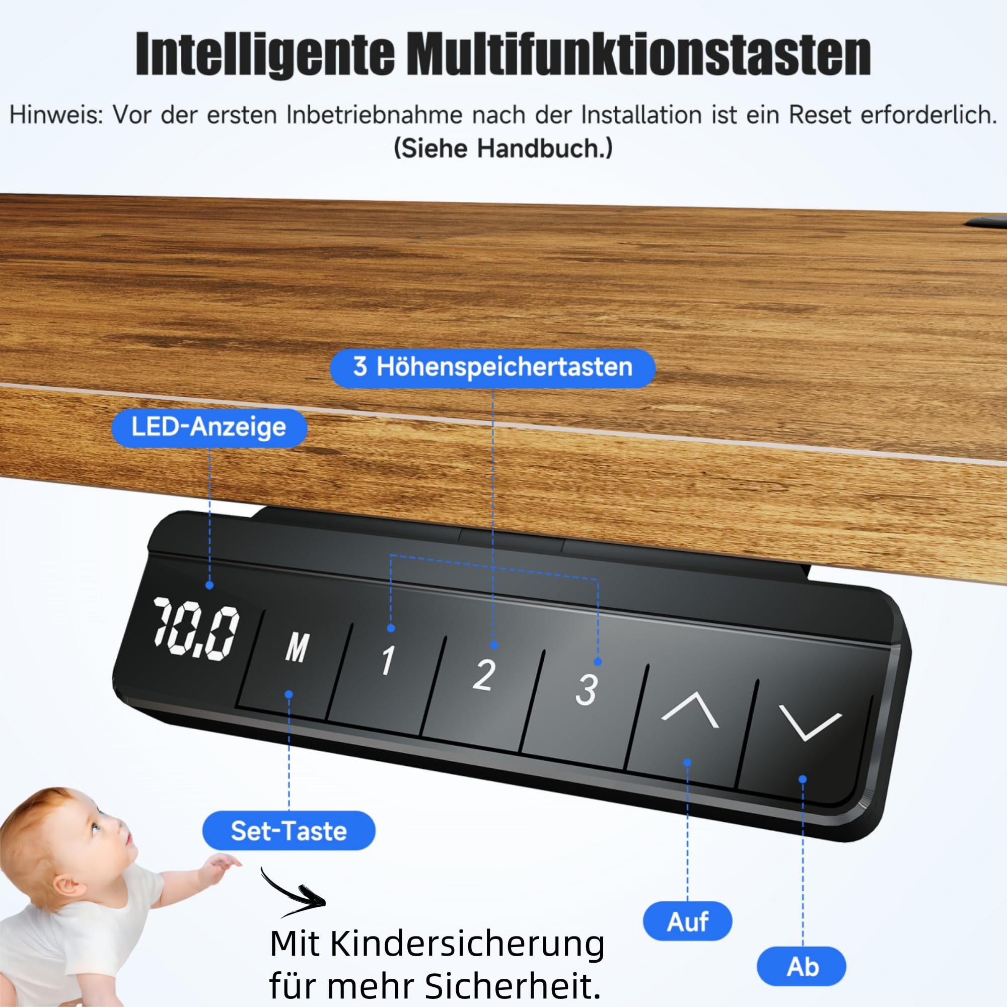 SONNI Höhenverstellbarer Schreibtisch Elektrisch, 120x60cm, Bürstenloser Motor mit 3 Memory-Funktionen, Anti-Kollisionssystem & Kabelmanagement, Steh-Sitz Tisch für Homeoffice, 60KG Traglast