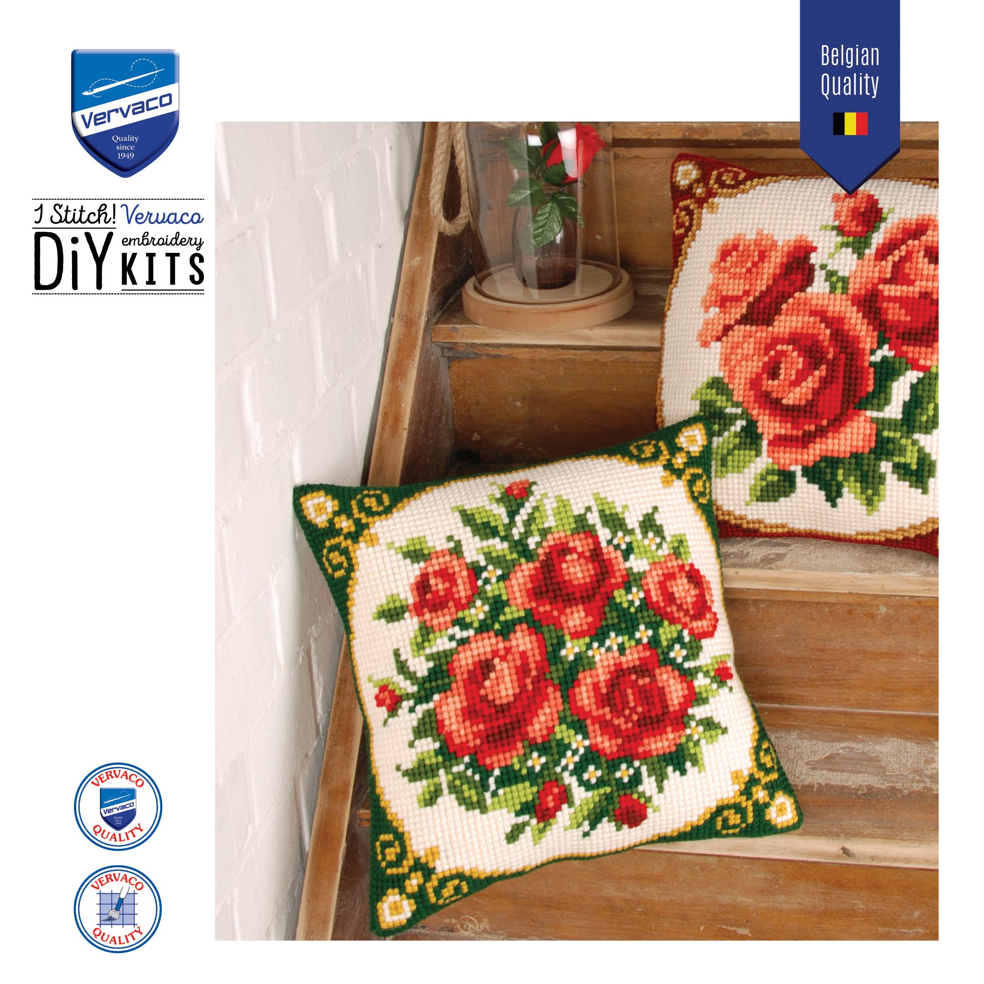 VERVACO Borduurpakket Kussen Kruissteek BLOEMEN MET VLINDER Voorbedrukt Handwerkpakket voor Sierkussen 40 x 40 cm Zelf Maken Knutselen voor Volwassenen Woondecoratie DIY Cross Stitch Kit