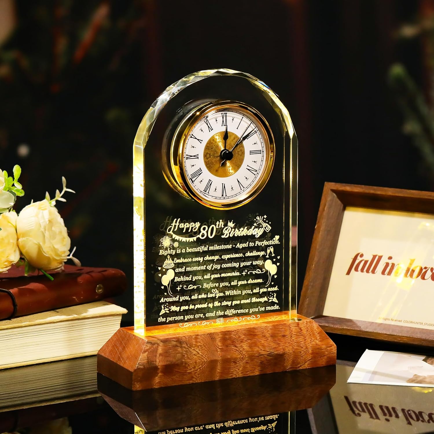 Happy 80th Birthday Glass Clock Gifts for Women, Men - 80 Year Old Birthday Gift with Wooden Light Base for Her Him, Turning 80 Quartz Clock Gift Idea for Mom Dad Unique Keepsake - Image 2