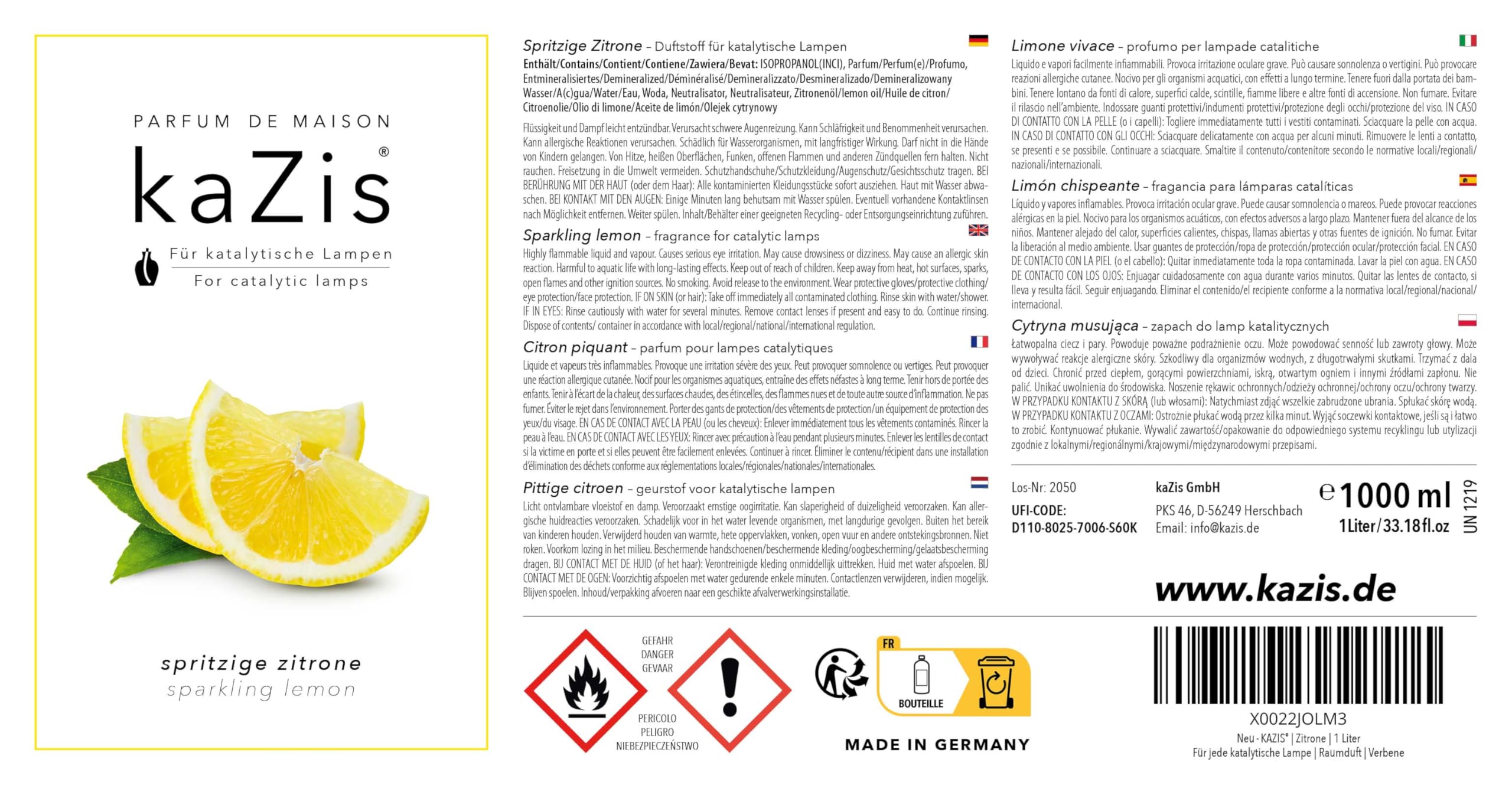 KAZIS® I Duft-Set Spritzige Zitrone + Aromatische Orange I 2 x 1 Liter I Für Alle Katalytischen Lampen geeignet