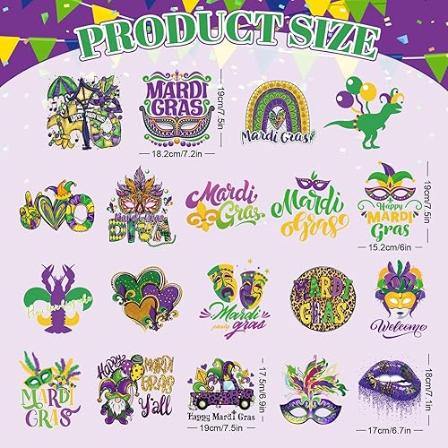 Miniatura 2 de JarThenaAMCS 19 hojas de calcomanías de vinilo de transferencia de calor Mardi Gras, máscara de mascarada, vinilo mixto impreso para carnaval,