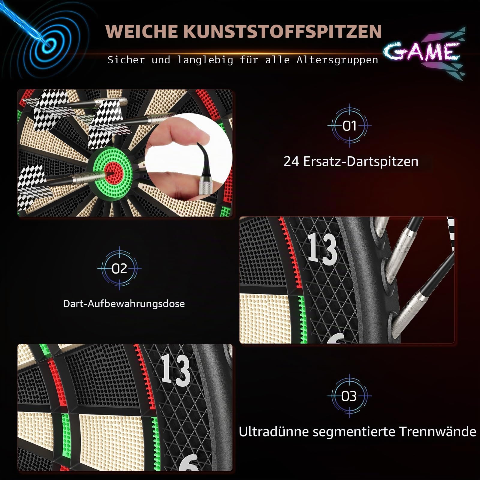 elektronische Dartscheibe Professionelle mit 6 Darts, Innovative Dartmaschine + Zubehör für 1 bis 16 Spieler