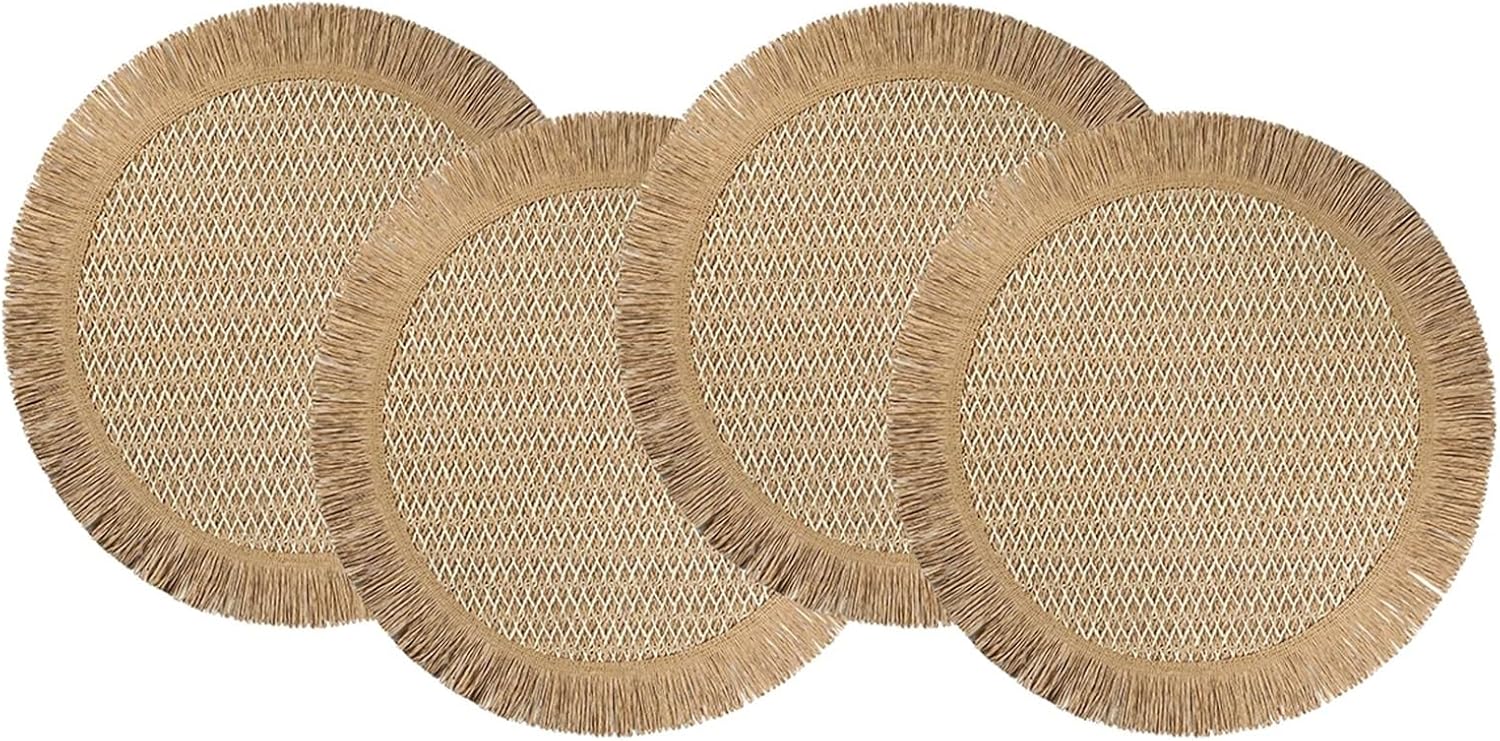 4pcs Bohemian Paper Placemats for Restaurant Dining Table Woven Paper Table Mat Round Place mat(Green)