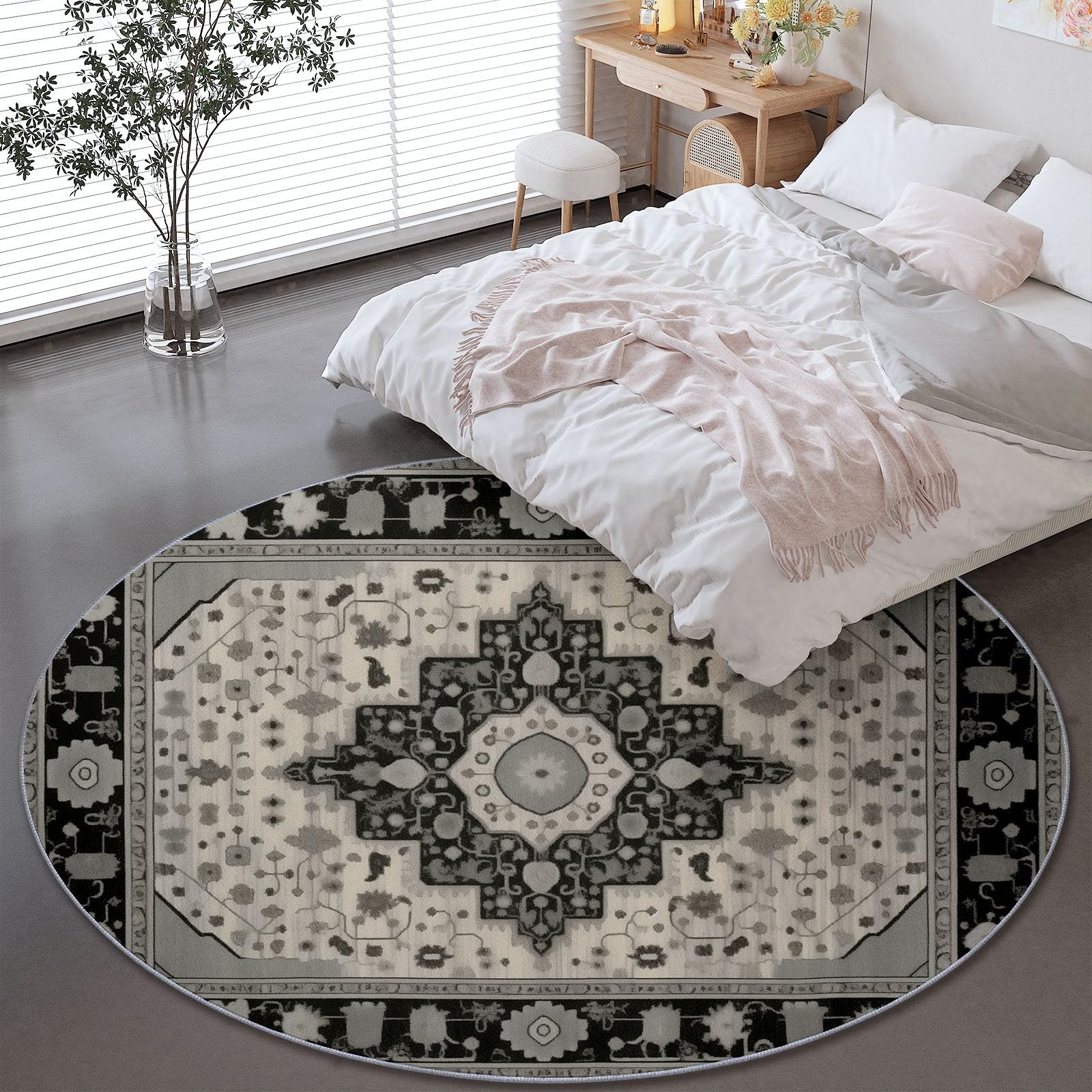 Tappeto rotondo soggiorno 100 cm (Round) soffice morbido Motivo in stile persiano retrò antiscivolo lavabile in lavatrice Tappeto, per camera da letto bagno corridoio Cucina Nero Beige