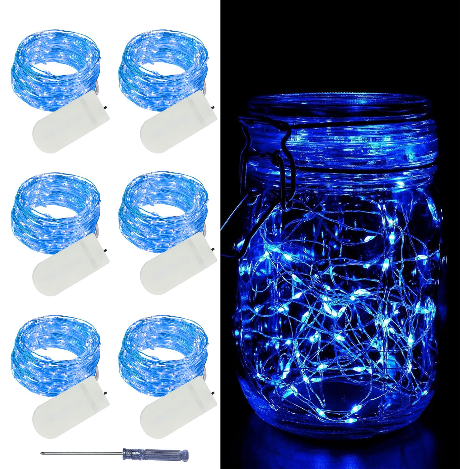 LAMPHOME 6 Pack Blue Fairy Lights Battery Operated - 7ft 20 LED Lights Copper Wire Mini String Light Firefly Light for Mason Jars DIY Crafts Christmas