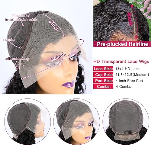 Miniatura 3 de Pelucas de cabello humano ondulado profundo con encaje frontal de 13 x 4, densidad del 180 %, cabello humano húmedo y ondulado, pelucas de encaje