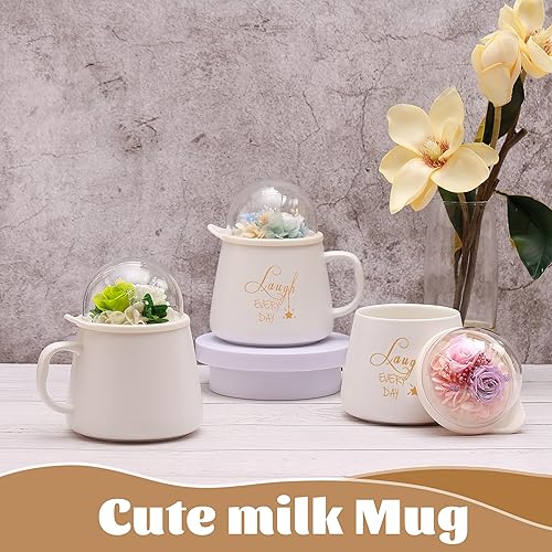 Miniatura 6 de ANLUNOB Regalos para el día de la madre, taza de café de cerámica con tapa redonda con flores preservadas, regalos de cumpleaños para mamá, regalos