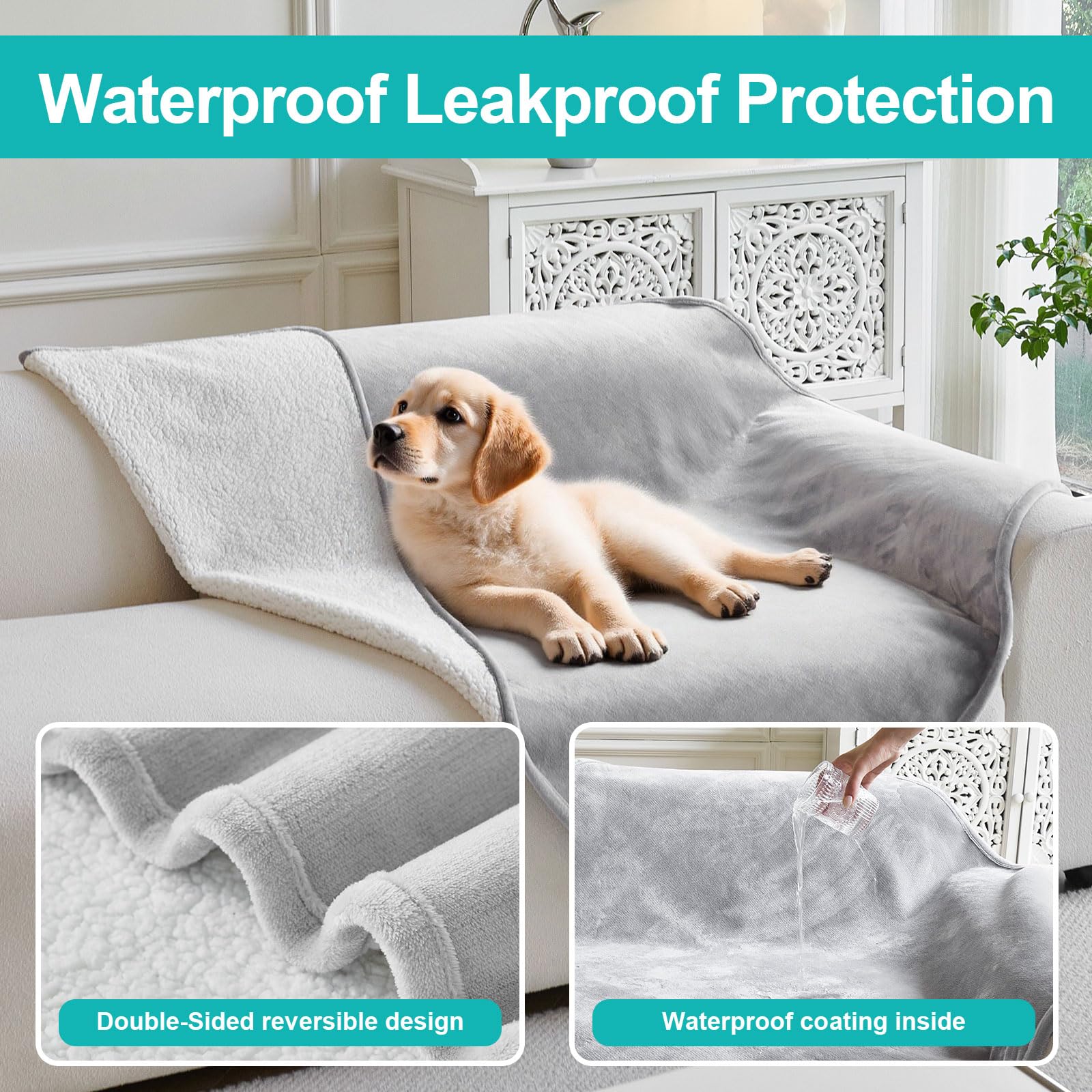 LiveGo Couverture imperméable pour animal de compagnie – Couverture réversible en polaire Sherpa pour chien, en peluche douce, lavable pour canapé, lit et meubles – Housse antidérapante pour animal