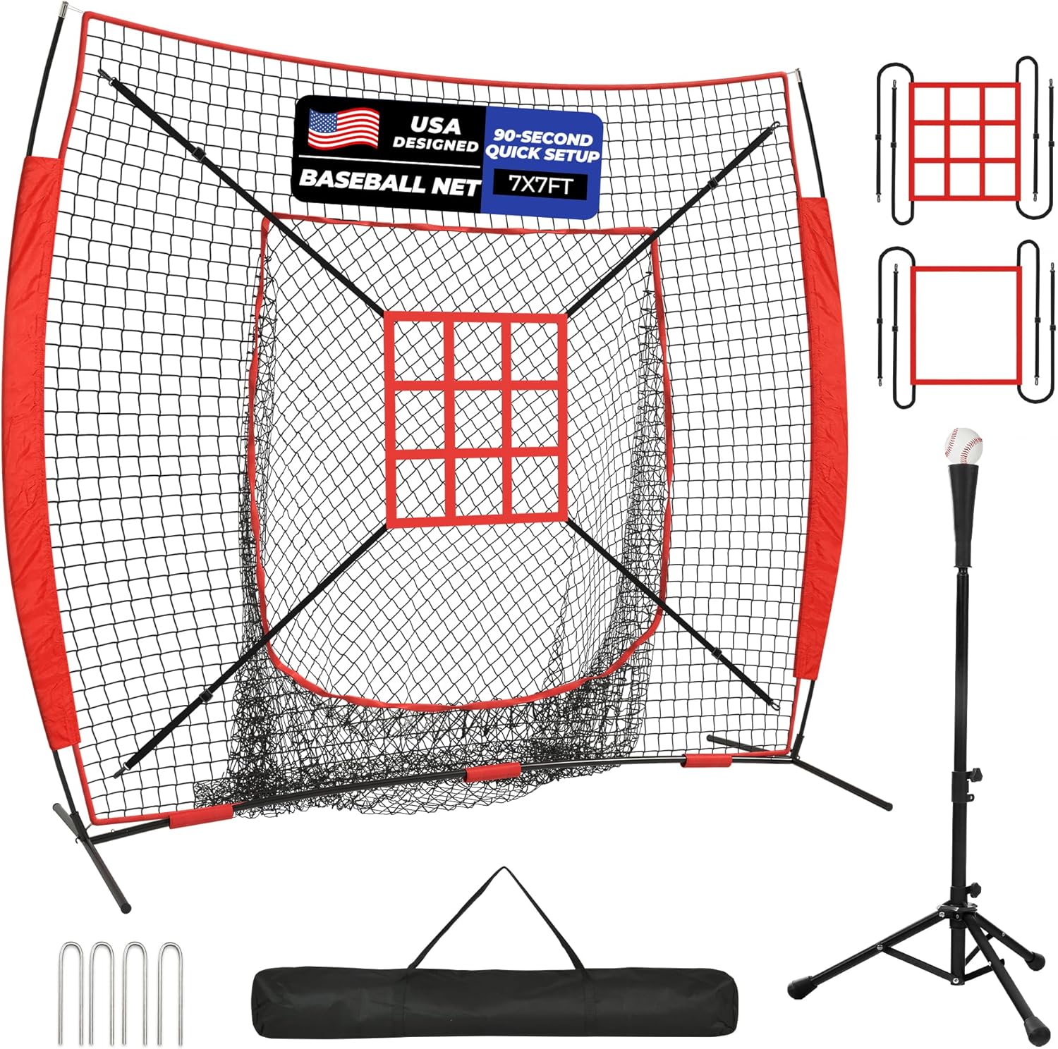 Baseball Net with Batting Tee, 7x7ft Baseball Softball Batting Net with Strike Zone for Practice Hitting Pitching Fielding, Quick Setup, Portable, with Carry Bag, 4 Ground Stakes