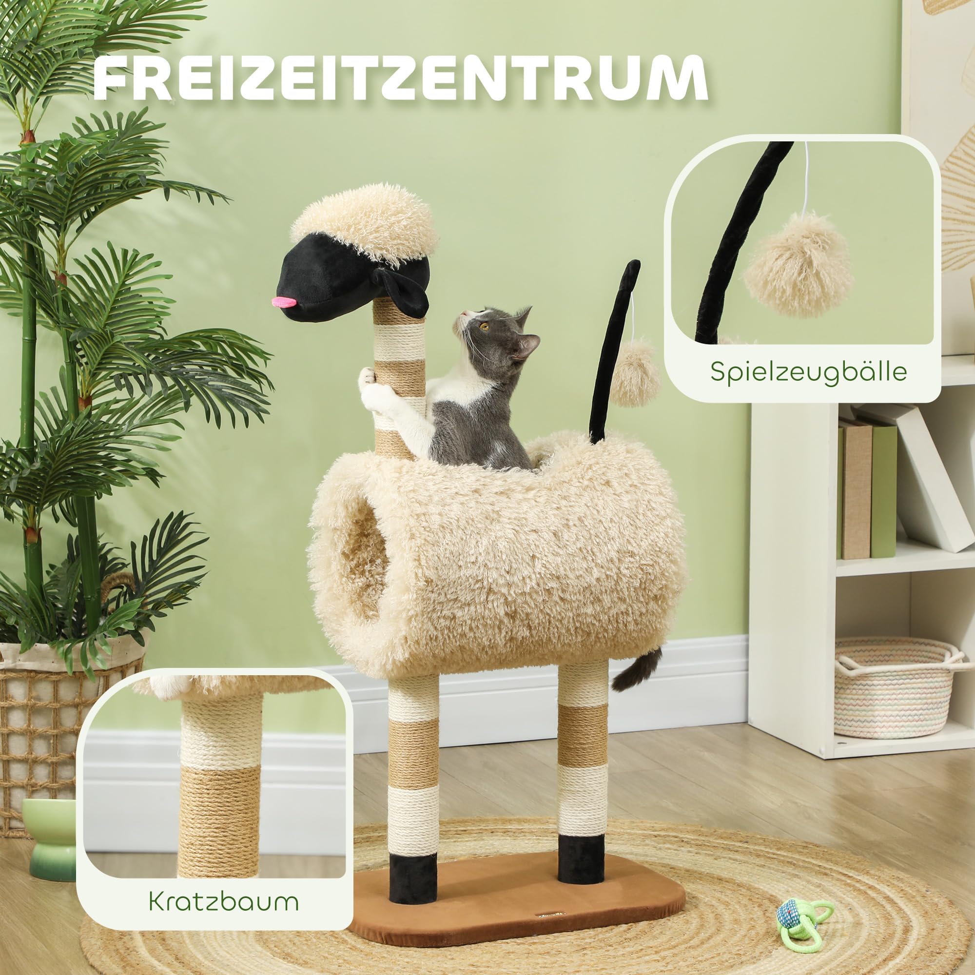 PawHut Kratzbaum Schaf-Design für Katzen bis 5 kg Tunnel 98 cm Hellbraun | Katzenturm, Kratzpfosten, Spielball, Mehrstöckiger Katzenkratzbaum, Kletterbaum