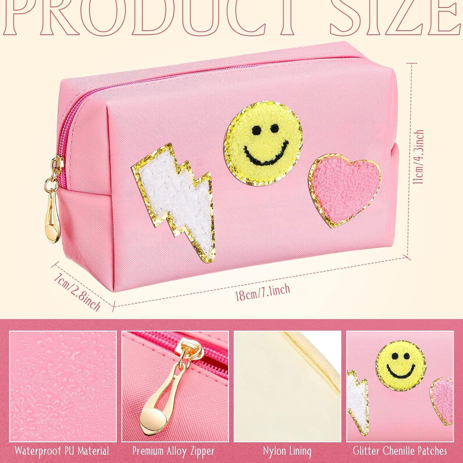 Chunful 9 Pcs Preppy Makeup Bag PU Leather Cosmetic Bag Bulk Makeup Plain Pouch Waterproof Toiletry Purse for Women Traveling Pencil Case Valentine's Day Gifts(Pink,Smile, Lightning, Heart) - Image 3