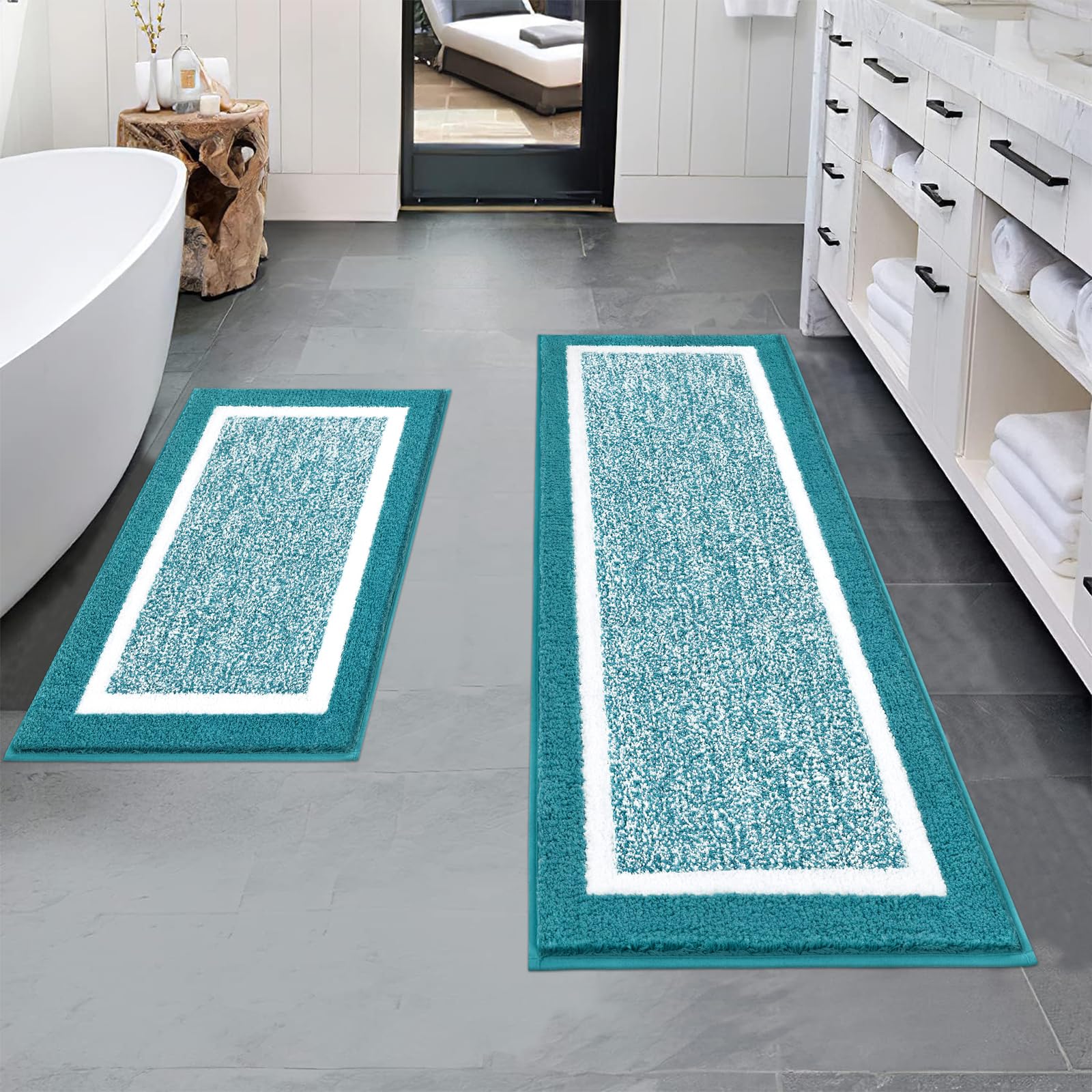 Pauwer Bathroom Sets, Non Slip Bath Mats, Absorbent Shower Rugs for Bathroom Floor, Tub and Shower, Aqua Blue