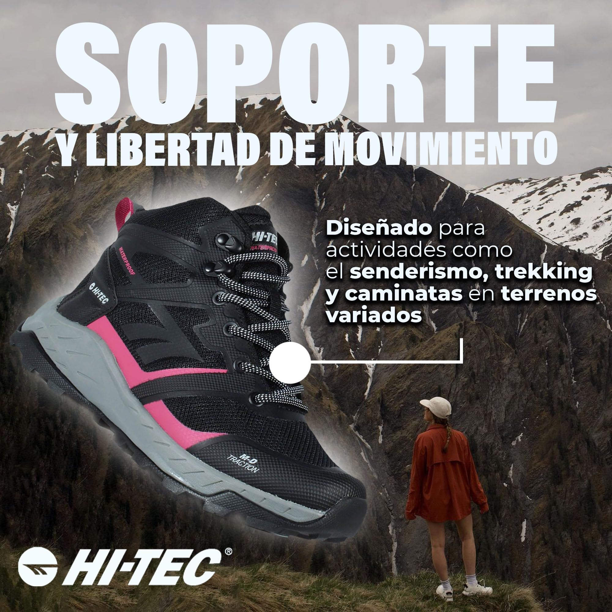 HI-TEC Toubkal Mid WP - botas de montaña mujer,zapatillas trekking con confort y protección, buena tracción y agarre, tirador trasero, membrana impermeable, ajuste seguro, ideales para senderismo
