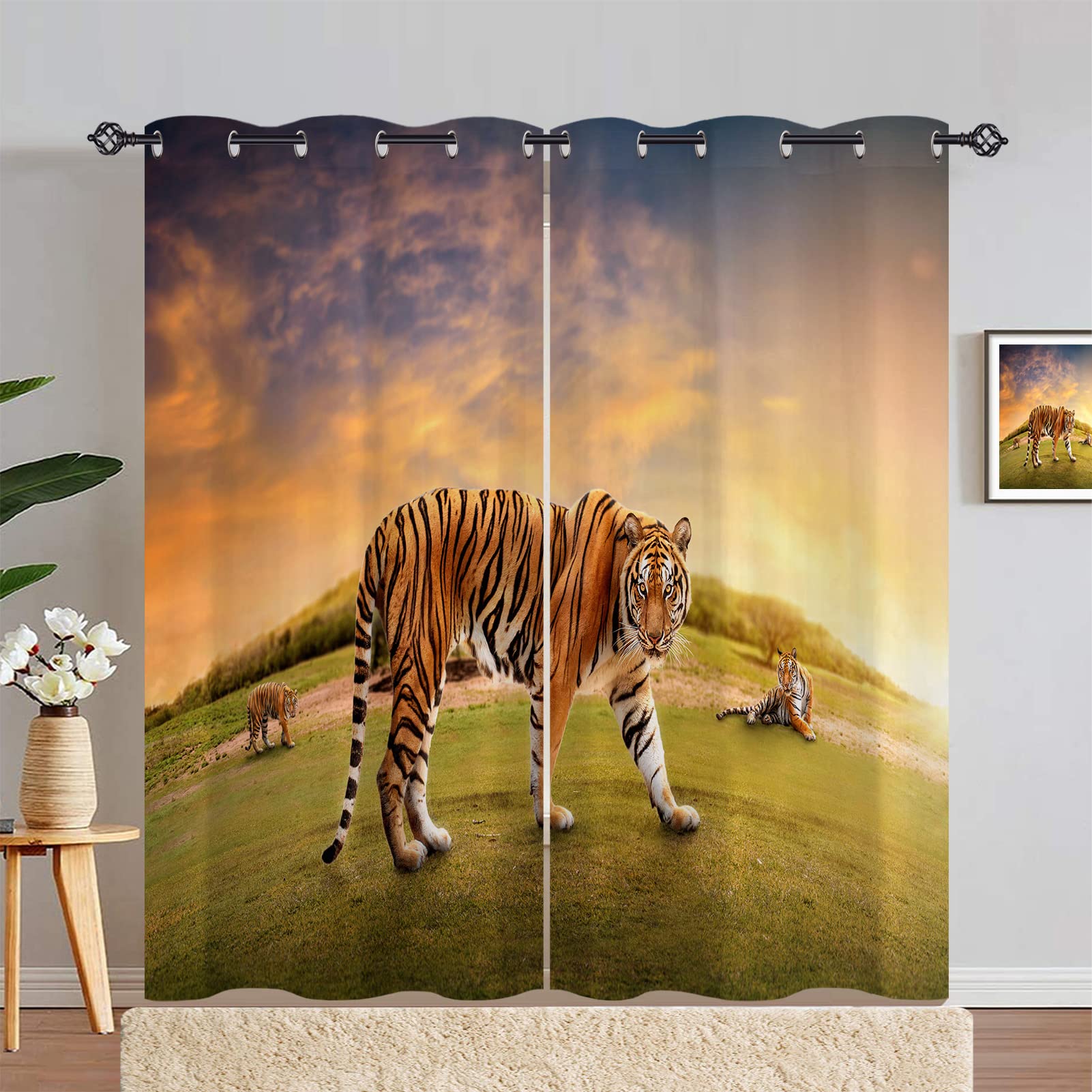 ANHOPE Tiger Curtains Eyelet 80% Blackout Room Darkening Curtains with Forest Jungle Wildlife Animal Print Pattern Light Blocking Window Drapes for Bedroom Living Room 66 x 72 Inch Drop 2 Panels — image 1