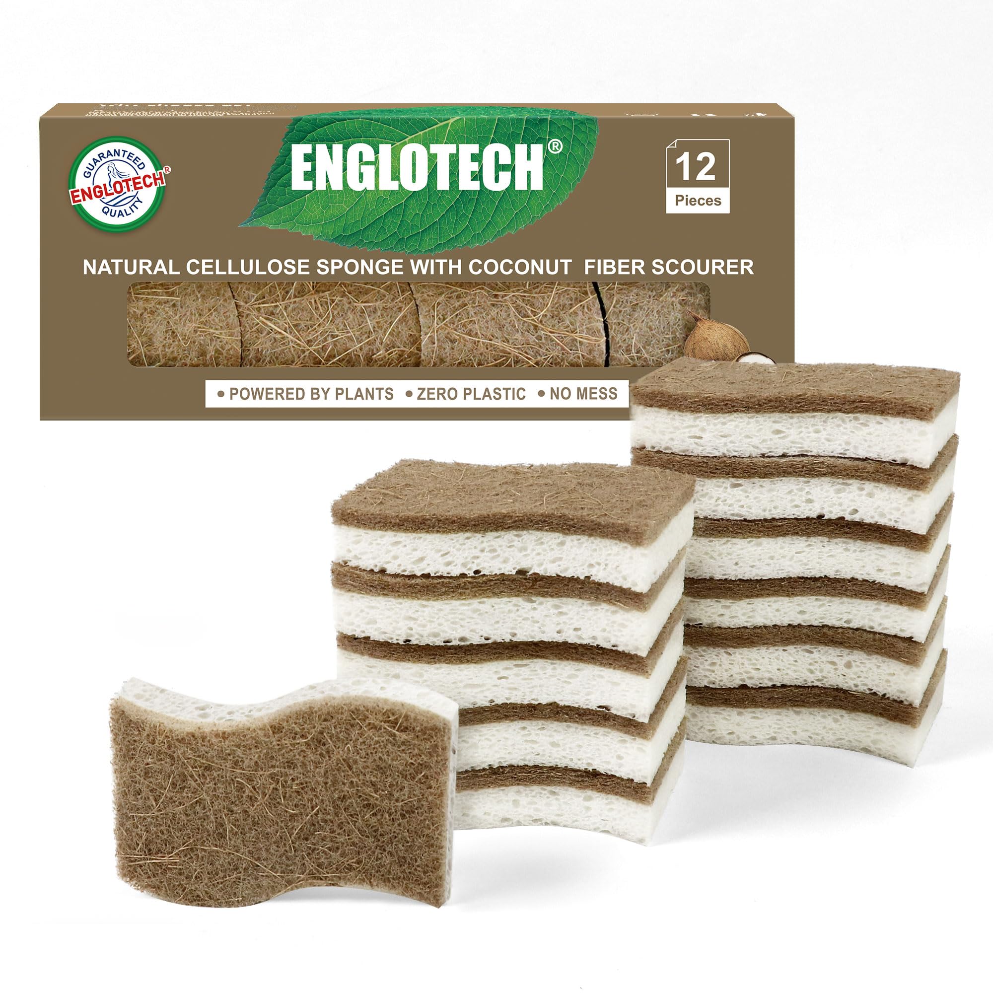12 Pack Biodegradable Eco Sponges Washing Up,Natural Cellulose and Coconut Kitchen Sponges,Durable Natural Dishe Sponge with Non-scratch Scouring Pads for Dishes Pots and Pans