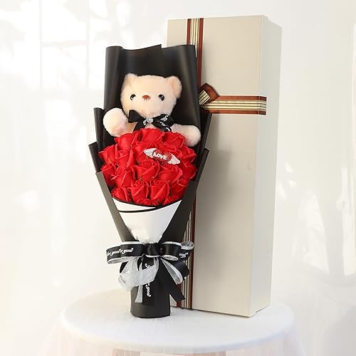 Miniatura 8 de Bonito ramo de oso  Ramo de oso de peluche hecho a mano con bonita flor de jabón para cualquier ocasión, cumpleaños, despedida de soltera,
