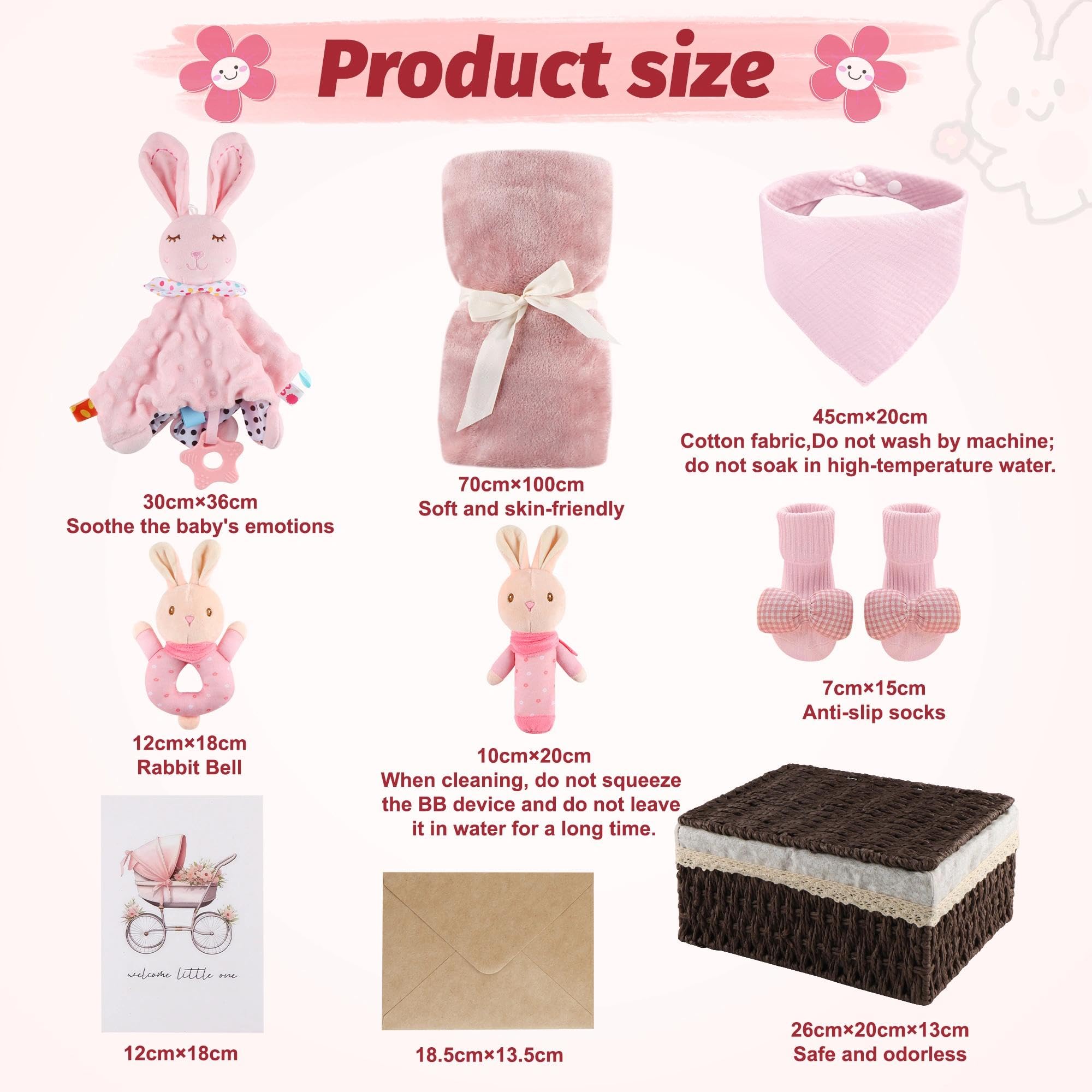 Coffret Naissance Mixte Bébé avec Couverture 70x100 cm Doudou Hochet Bavoir Chaussettes Rose