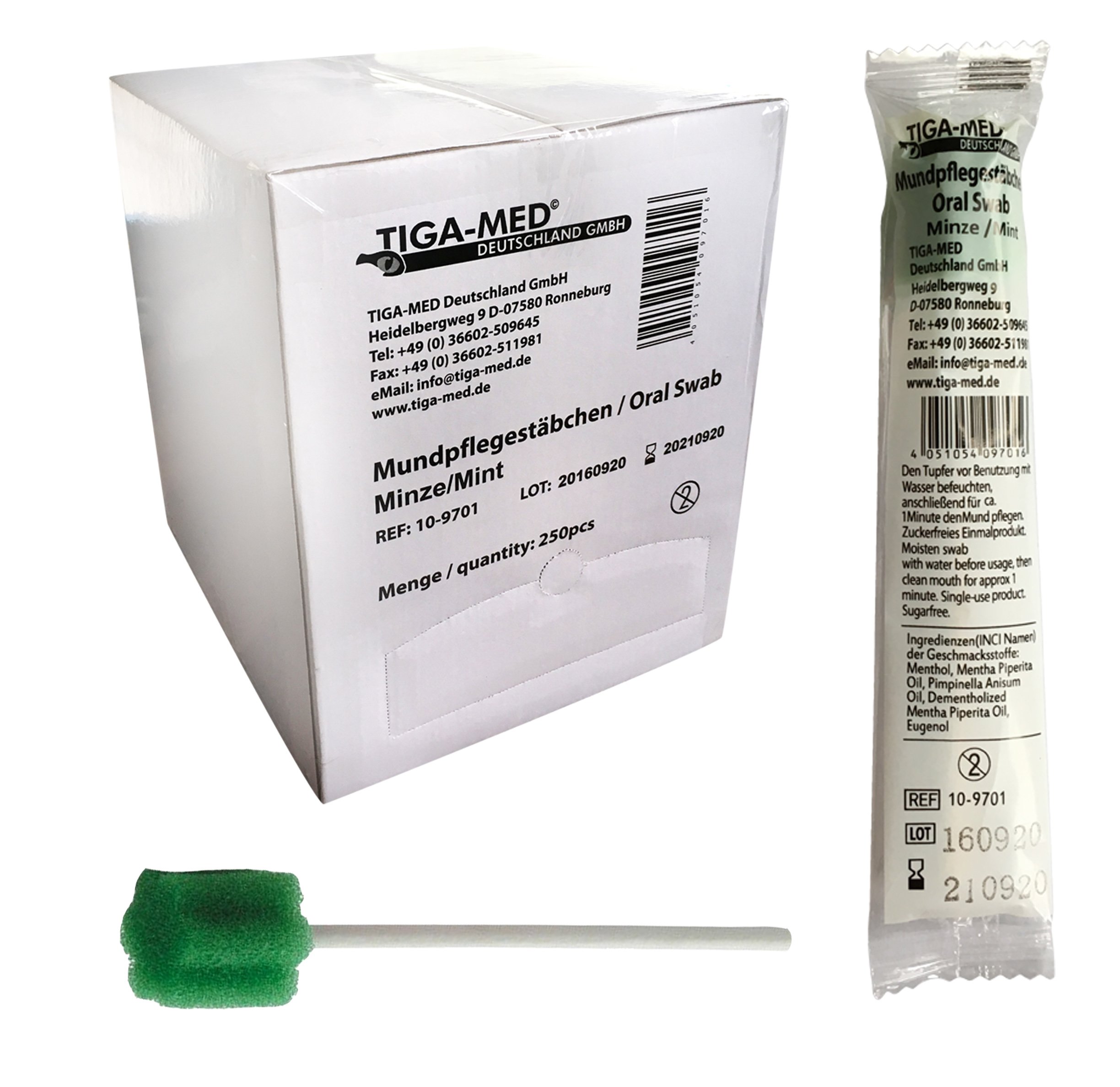 TIGA-MED Mundpflegestäbchen | 250 Stück | Einmal Oral Care Sticks zur Mundpflege | schonende Reinigung & Befeuchtung | hygienisch & saugfähig | einzeln verpackt in Spenderbox (Minze)