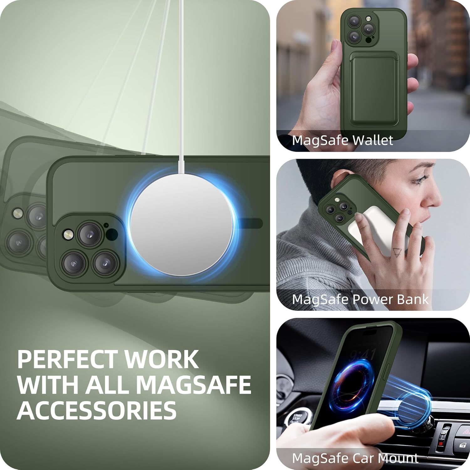 BERFY for iPhone 14 Pro Max Case, Compatible with MagSafe, Built-in Privacy Screen Protector, Camera Protection, Shockproof Full Body Phone Case 6.7", Translucent Dark Green