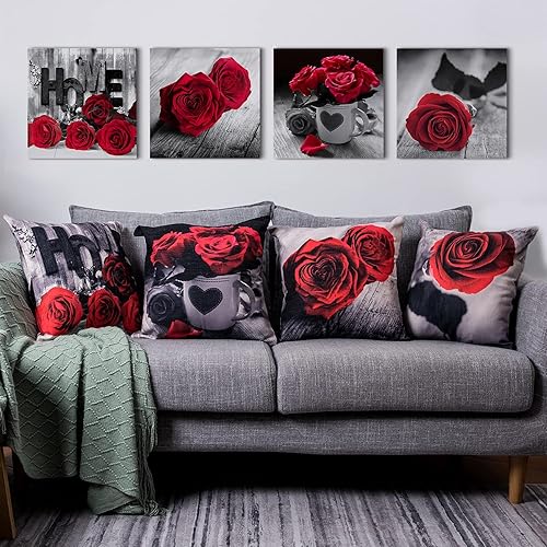 Miniatura 5 de Juego de 4 fundas de almohada rojas de Navidad para sofá, sala de estar, 20 x 20 pulgadas, juego de 4 fundas de almohada cuadradas de lino y algodón