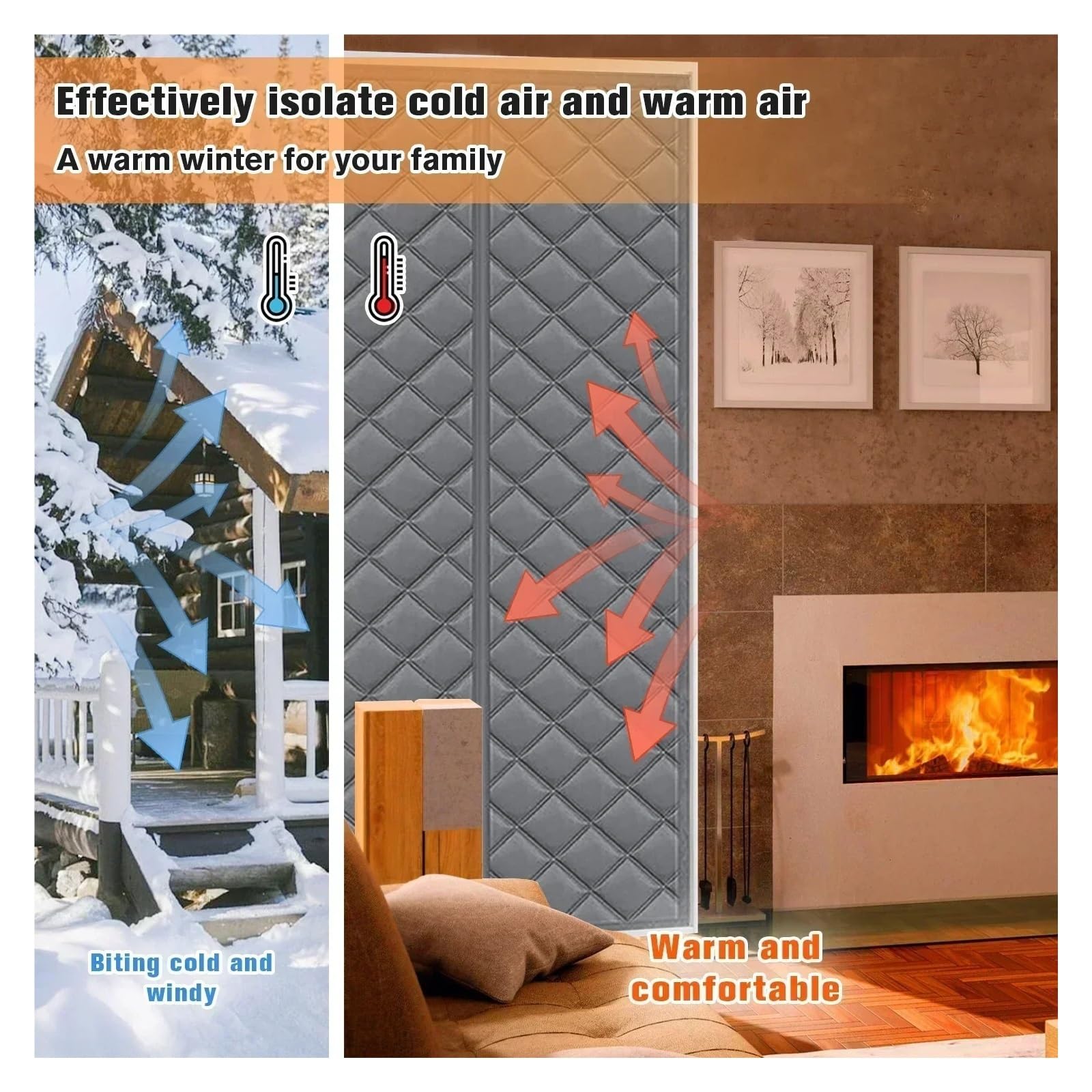 Tenda per porta invernale Tenda for porta in cotone invernale addensato caldo e resistente al freddo Isolamento termico magnetico acustico for antivento 1,5 cm(Grey,95X205CM)