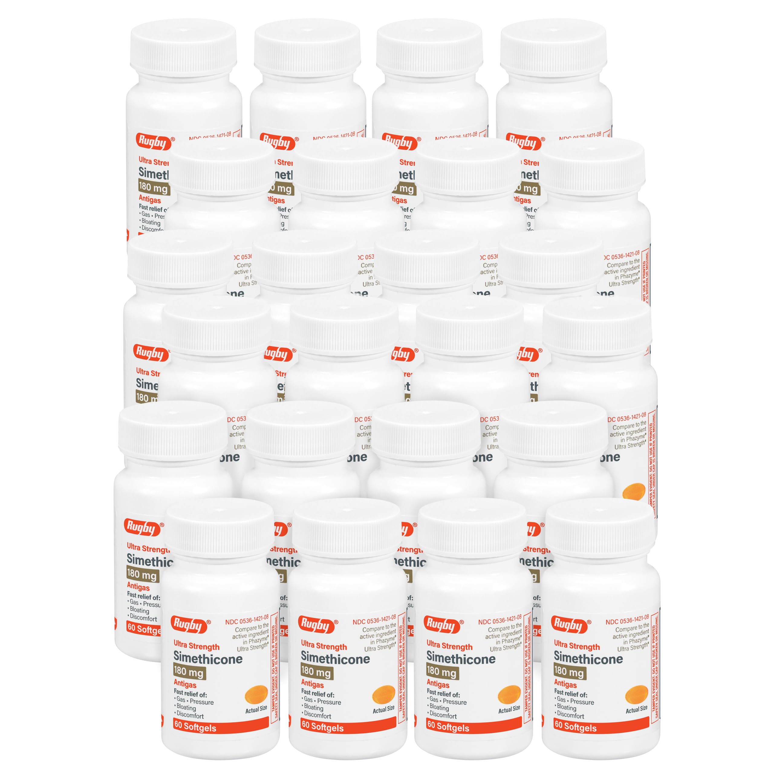 Rugby Ultra Strength Simethicone Gas Relief 180 mg - Maximum Gas Relief for Adults - May Help with Symptoms of Flatulence, Bloating, Gas Fullness - 60 Softgels (24 Pack)