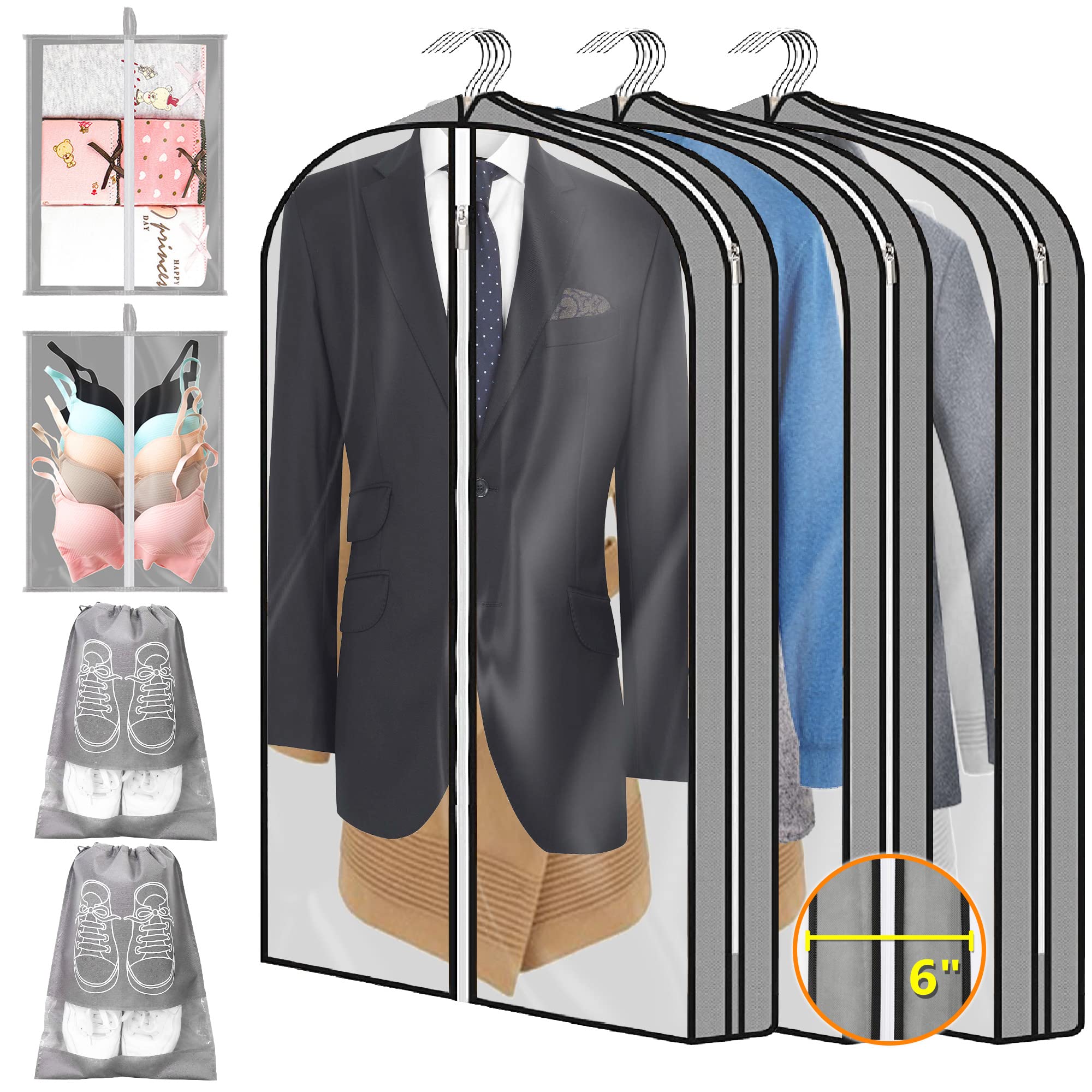 LINROMIA 40" Garment Bags for Hanging Clothes, Garment Bag Set for Storage with Shoe Covers + Underwear Storage Bag, 6" Gussetes Clear Suit Bags Coat Cover for Sweaters Shirts, Jackets 7 Packs, Gray