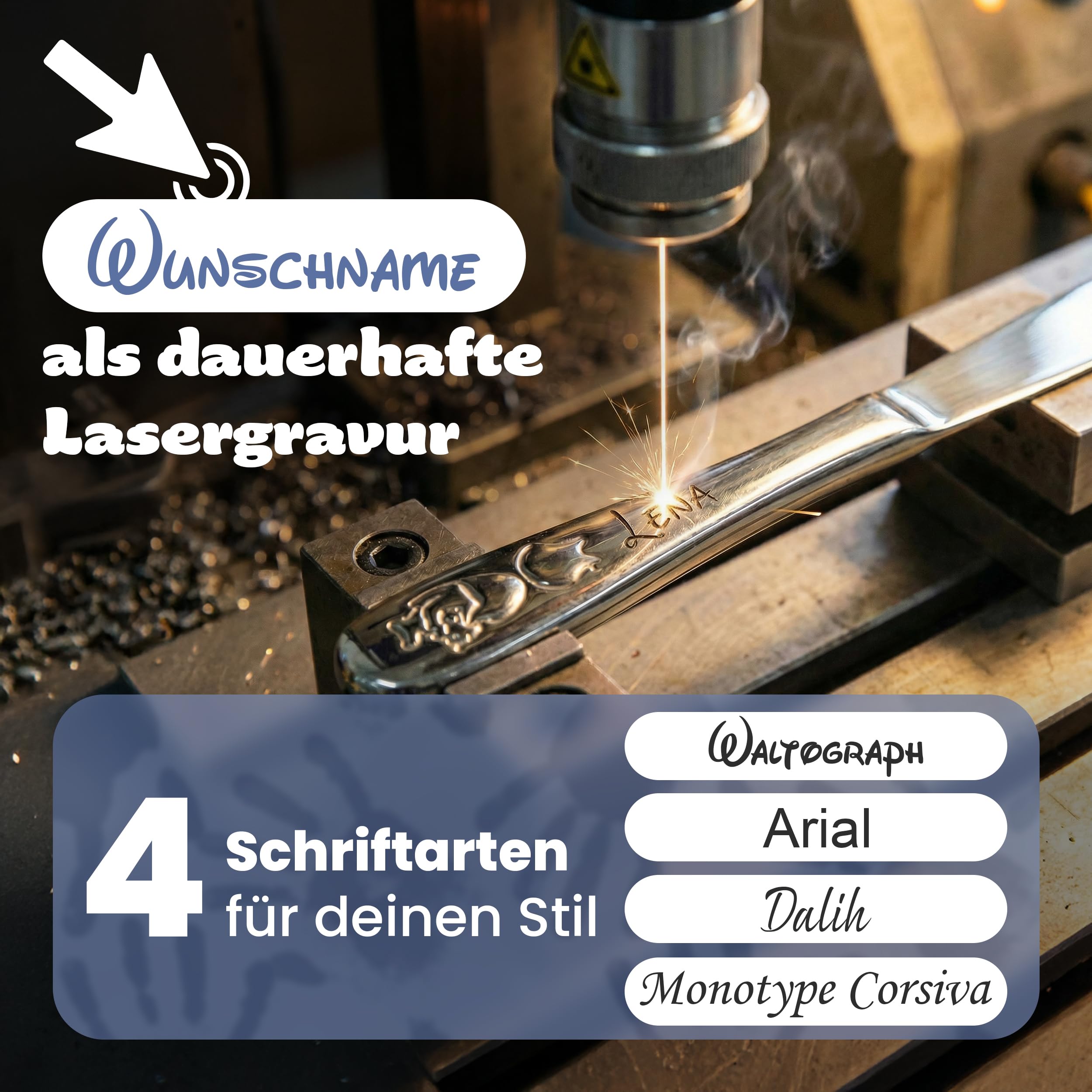 Kinderbesteck mit Namensgravur - Personalisiertes 4-teiliges Edelstahl Besteckset ab 4 Jahre - Taufgeschenk für Mädchen und Jungen - Spülmaschinenfest