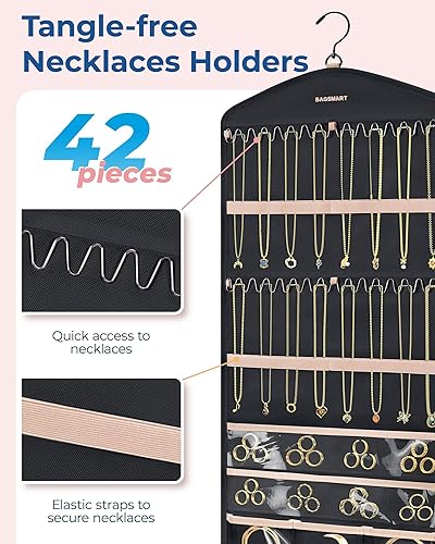 Miniatura 3 de BAGSMART Organizador de joyas colgante con ganchos de metal, soporte de joyería de doble cara para organizar aretes, collares, anillos, perfecto