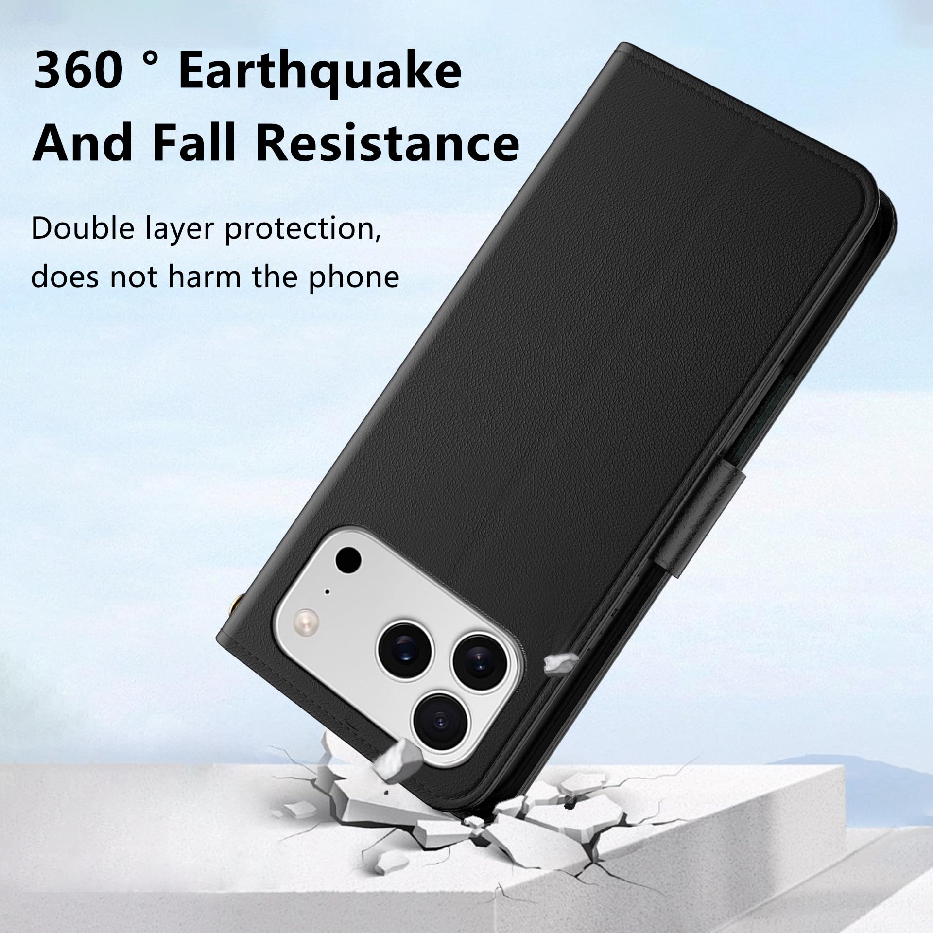 Aiziki Custodia per iPhone 17 Pro Max, Copertura Protettiva in Pelle PU Premium, Pieghevole, Aspirazione Magnetica, Prevenzione Delle Cadute, Carta Fessura - Nero