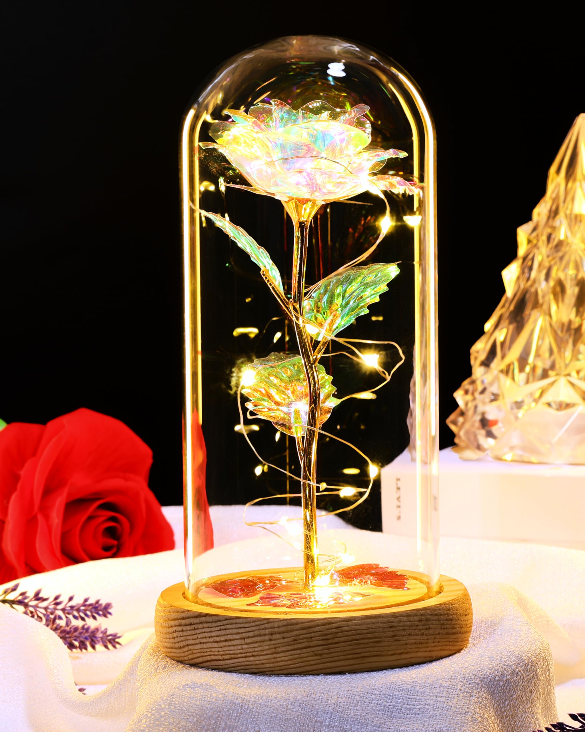 Mothers Day Flowers Gifts for Mom, Birthday Gifts for Women, Galaxy Glass Rose Gifts for Grandma Wife Daughter Artificial Forever Preserved Flowers for Delivery Prime Rose in Glass Dome, Rainbow