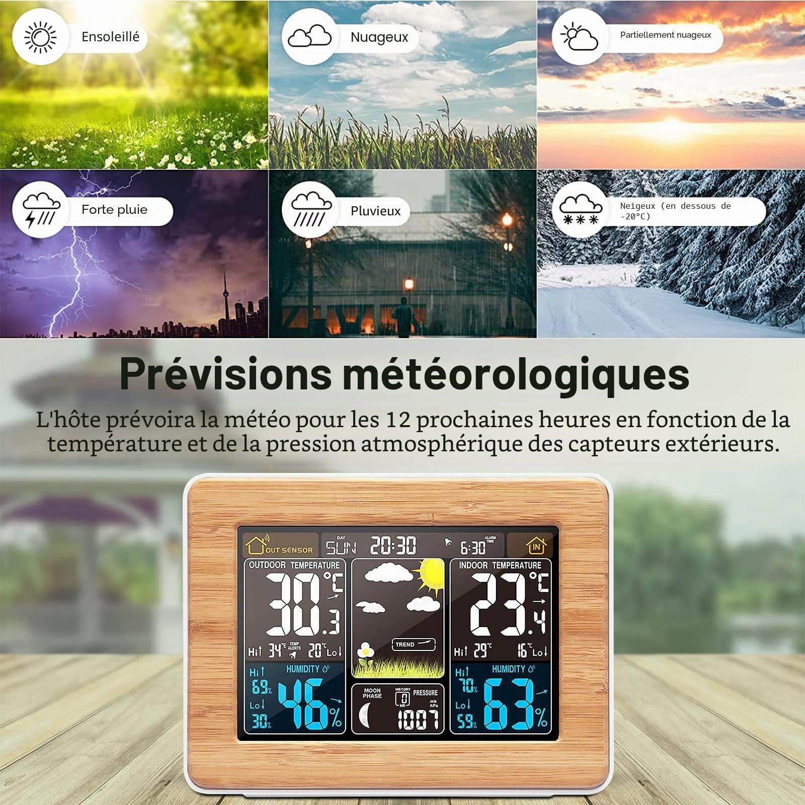 ALLOMN Station Météo Sans Fil, Écran Couleur LCD Station Météo Numérique avec Capteur Réveil Moniteur de Température et d'Humidité Barométrique Prévisions Météo pour Maison Bureau Jardin Ferme (Jaune)