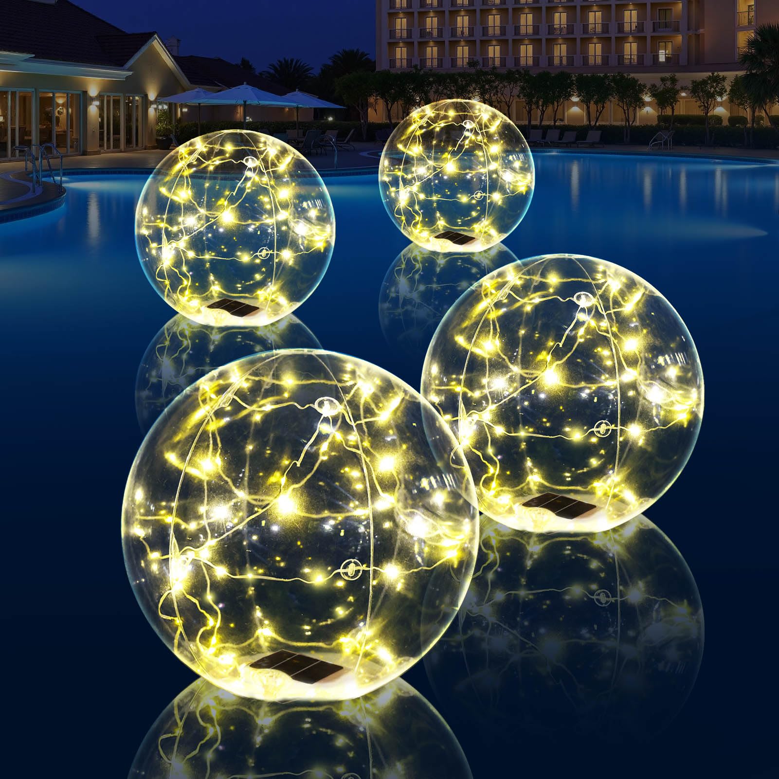 Photo 1 of Cootway Floating Pool Lights, 15 Inch Warm White Solar Pool Light that Float, IP68 Waterproof Inflatable Light Up Pool Balls, Float or Hang Solar Floating Lights for Pool Pond Wedding Party Decor-4PCS