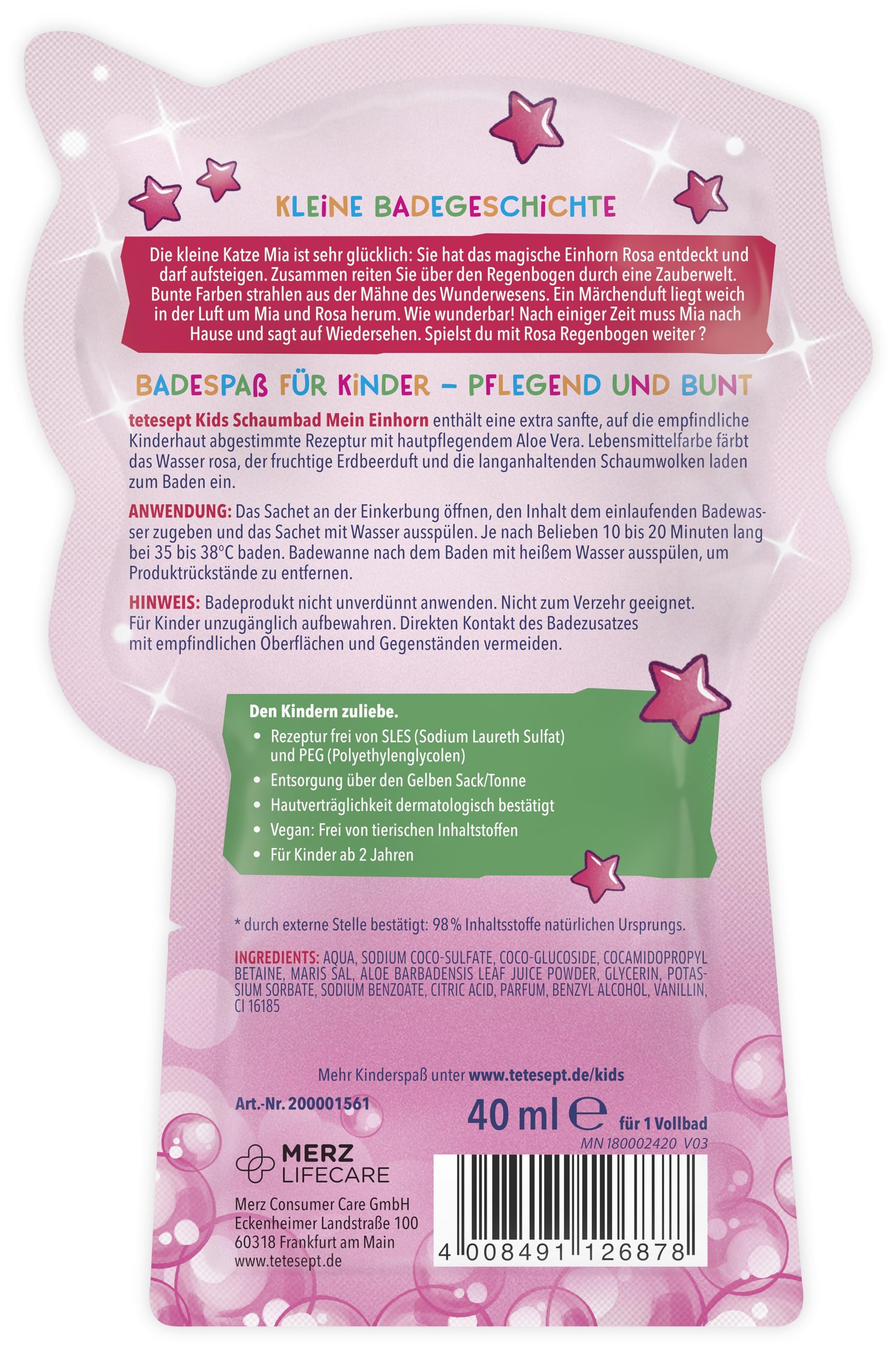 tetesept Kids Fun pianka do kąpieli "Mein Einhorn" – pielęgnujący dodatek do kąpieli dla dzieci o owocowym zapachu truskawek, 2 różne wzory w mieszanym kartonie, opakowanie 15 sztuk (15 x 40 ml)