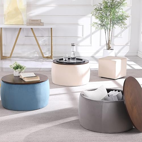 Miniatura 5 de Juego de otomana redonda de almacenamiento, mesa auxiliar 2 en 1 con cubierta de madera y otomana cuadrada para mesa auxiliar y reposapiés de sala