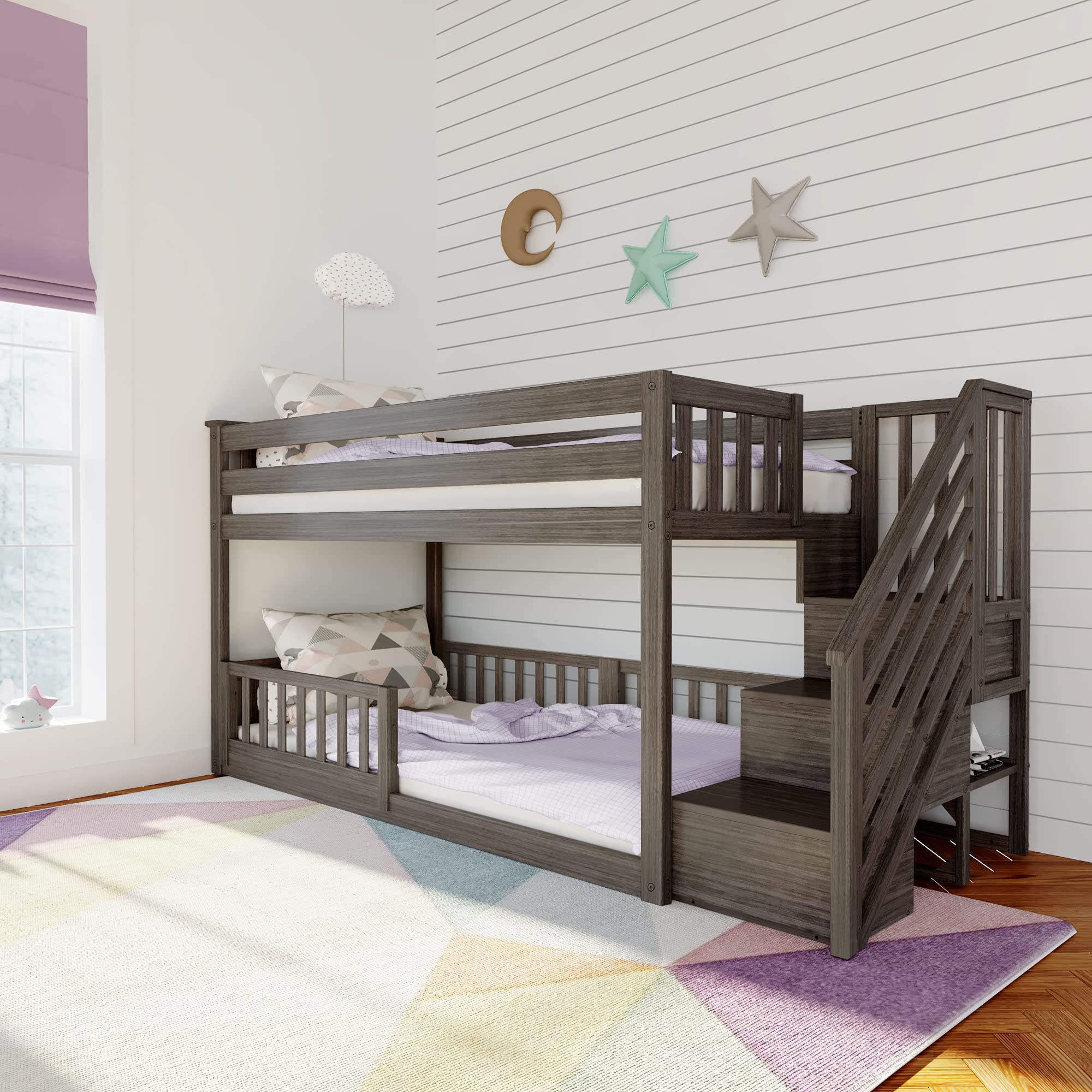 Max & Lily Low Bunk with Stairs with Three Guard Rails, Twin, Clay for