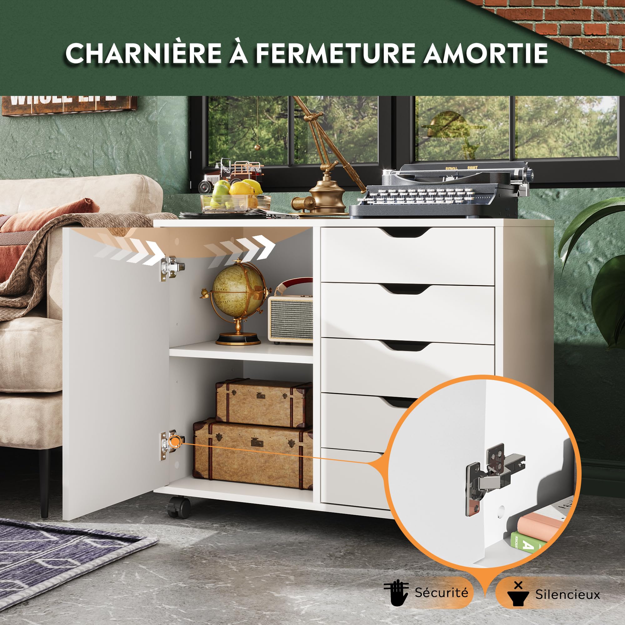 DEVAISE Caisson de Bureau 5 Tiroirs et Armoire 2 Niveaux, Meuble Sous Bureau avec Support Imprimante, Rangement pour Formats Lettre/Légal/A4 Blanc