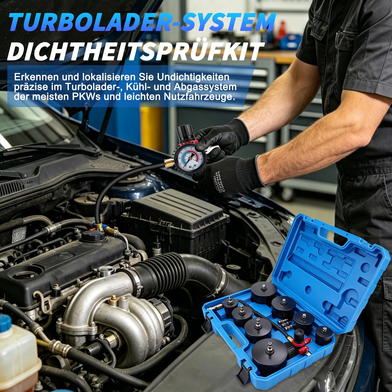 Turbolader Test Set 9 Stück Turbolader Ladeluft System Adaptersatz, Abdrücksatz für Ladeluftkühler, Prüfwerkzeuge für Ladeluftschläuche, Abgasturbolader und Kompressorsysteme